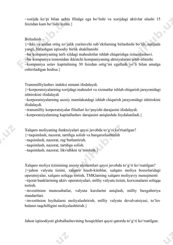 alarni soliqqa tortish. ~investitsion munosabatlar, valyuta kurslarini aniqlash, milliy buxgalteriya standartlari. ~investitsion loyihalarni moliyalashtirish, milliy valyuta devalvatsiyasi, to‘lov balansi taqchilligini moliyalashtirish.} jahon iqtisodiyoti globallashuvining bosqichlari qaysi qatorda to‘g‘ri ko‘rsatilgan. {=i-bosqich 1870-1920 yillar, ii-bosqich 1920-1970 yillar, iii-bosqich 1970 yildan hozirgi davrgacha ~i-bosqich 1910-1920 yillar, ii-bosqich 1925-1975 yillar, iii-bosqich 1975 yildan hozirgi davrgacha. ~i-bosqich 1890-1920 yillar, ii-bosqich 1945-1970 yillar, iii-bosqich 1970 yildan hozirgi davrgacha. ~i-bosqich 1890-1920 yillar, ii-bosqich 1945-1960 yillar, iii-bosqich 1960-1975 yillar, iv bosqich 1975 yildan hozirgi davrgacha.} iqtisodiy sikllarning qaysi biri korporatsiyalar tovar-moddiy zaxiralarining bozordagi talab va taklif o‘zgarishiga mos ravishda tebranishi natijasida yuzaga kelib, uzunligi 2 - 4 yilgacha cho‘ziladi va tovar zaxiralari sikli deb yuritiladi? {=kitchin sikli: ~juglar sikli; ~kuznets sikli; ~kondratev sikli;} qachon tadbirkorlar bozor konyunkturasiga tegishli to‘liq axborotga ega bo‘lgan holda o‘zlarining investitsiya qoyilmalaridan daromad kutadilar? {=iqtisodiy o‘sish davrida: ~iqtisodiy muvozanat davrida; ~iqtisodiy inqiroz davrida; ~bunday davr yo‘q;} forfard shartnomasidagi uzun va qisqa pozitsiyalar o‘rtasidagi farq …