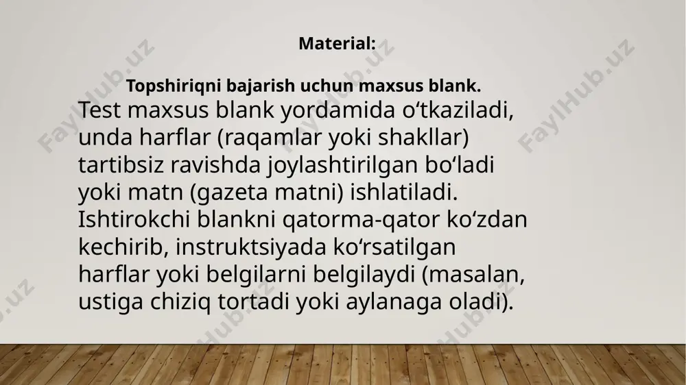 taqil ravishda tuzatadi. 3-daraja - yetarlicha diqqat va barqarorlik, sezgi-motor reaksiyalarining yetarli tezligi. bu holatda moslashuvchanlikning tezligi sekin, yoki tez reaksiyalar bilan moslashuvchanlik sekin bo‘lishi mumkin. bola uzoq vaqt davomida vazifaga diqqat bera olmaydi va raqamlarni xotirlay olmaydi, xatolarni tuzatmaydi. 4-daraja - faol diqqatning yetarlicha shakllanmaganligi. vazifani bajarish vaqti ortadi, chunki ba’zida raqamlarni izlashda «to‘xtash» kuzatiladi; yoki psixik faoliyatning umumiy sekinlashuvi kuzatiladi, yoki ishqalanishning o‘rtacha ko‘rsatkichlari bor. 5-daraja - faol diqqatning aniq shakllanmaganligi, psixik faoliyatning beqarorligi, sekinlashuvi yoki ishlash qobiliyatining pasayishi. image2.png image3.svg image4.png image5.png image6.png image1.jpg .msftofcthm_accent1_fill_v2 { fill:#ed7d31; } /docprops/thumbnail.jpeg