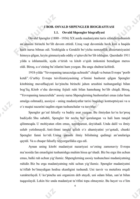 ijtimoiy, siyosiy shakllar va boshqalarda gavdalantirish uchun vaqt o‘tishi bilan cho‘zilgan cheksiz urinishlar turkumidir. bu insonning hayotning asl mohiyatini ochib berish va uni mazmunli va o‘ziga xos tarzda yashashga urinishidir. biroq, shpenglerdagi madaniyat ham tarixiy va xronologik, sxematik tarzda kontseptsiyalangan. uning 8 ta “buyuk madaniyati” bor: misr, bobil, qadimgi (yunon-rim), arab (arab-vizantiya), hind, xitoy, g‘arbiy yevropa, meksikalik. ”rus-sibir” ham bor - bu yangi paydo bo‘lgan madaniyat.[footnoteref:1] [1: inson va texnika. – kitobda: madaniyatshunoslik. xx asr antologiya. m., 1995, b. 454–494.] kengroq ma’noda madaniyat hayot va o‘lim, ruh va materiya o‘rtasidagi o‘zaro ta’sirning o‘ziga xos va sirli versiyasidir. madaniyat ruh orqali tushuniladi. madaniyatning ham inson kabi ruhi bor. biroq, insonning ruhi nima ekanligini va u haqiqatan ham bor yoki yo‘qligini aniq aytish mumkin emas, lekin biz shunday deyishga odatlanganmiz. madaniyat - bu ko‘rinadigan bo‘lish uchun ruh kiyingan tanadir. haykaltaroshlik, haykaltaroshlik dizayni sifatida ko‘rinishning qadimiy printsipi. ruh tanasiz mavjud bo‘lolmaydi. aynan ruh …