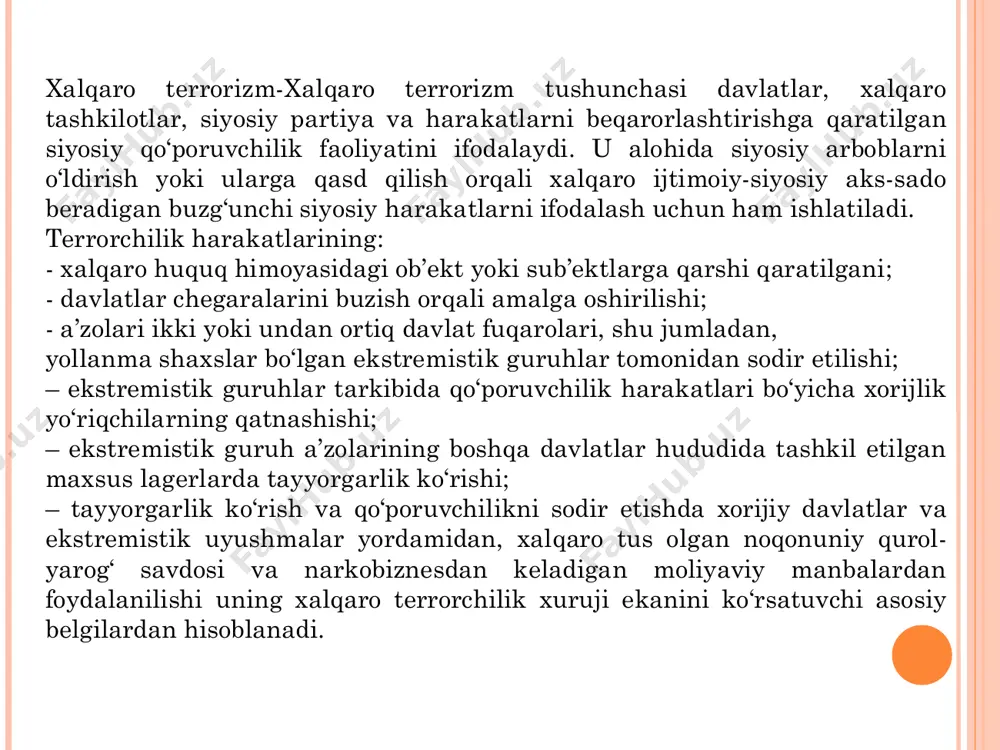 ларини молиялаштиришда гумон қилинмоқда экстремизм мазмунига кўра намоён бўлишига кўра диний дунёвий ҳудудий минтақавий халқаро сиёсий мафкуравий иқтисодий диний экстремизм - мутаассиблик ва муросасизликдир. ►дунёнинг турли нуқталарида бегуноҳ одамлар терроризм қурбони бўлмоқда  қурқитиш ва жангарилик ғояларни тарқатиш -террорчиларнинг ишлатаѐтган асосий усулларидир ҳозирги даврда диний экстремизм ва халқаро терроризм салоҳиятининг сифат ва миқдор жиҳатидан ўсиши уларни глобал хавфсизликка йўналтирилган жиддий таҳдидга айлантирди. диний шиорлар остида сиёсий ҳокимиятга интилаётган диний экстремистик ташкилотлар марказий осиё мамлакатлари, хусусан ўзбекистондаги ижтимоий-сиёсий вазиятга салбий таъсир ўтказмоқда. иқтисодий терроризм террорнинг иқтисодий манфаатларини кўзловчи, моддий бойликларни ўзлаштиришни мақсад қилиб олган кўринишларда, рақиб шахсларни жисмоний йўқ қилиш, ўғирлаб кетиш, гаровга олиш, тажовуз билан қўрқитиб ўз ҳукмини ўтказиш ѐки рақиблар бойликларини ўзлаштиришда фойдаланади. сиѐсий терроризм сиѐсий мақсадларни кўзлаган терроризм қадимдан мавжуддир. масалан, ўрта асрлар даврида сиѐсий террорчилик диний мазмундаги террорчилик билан қўшилиб кетган эди. чунки, ўша даврларда ҳукмдорлар ҳам диний ҳамда дунѐвий ҳокимиятни ўйғунлаштириб бошқарганлар. исломда муҳаммад с.а.в вафотидан …