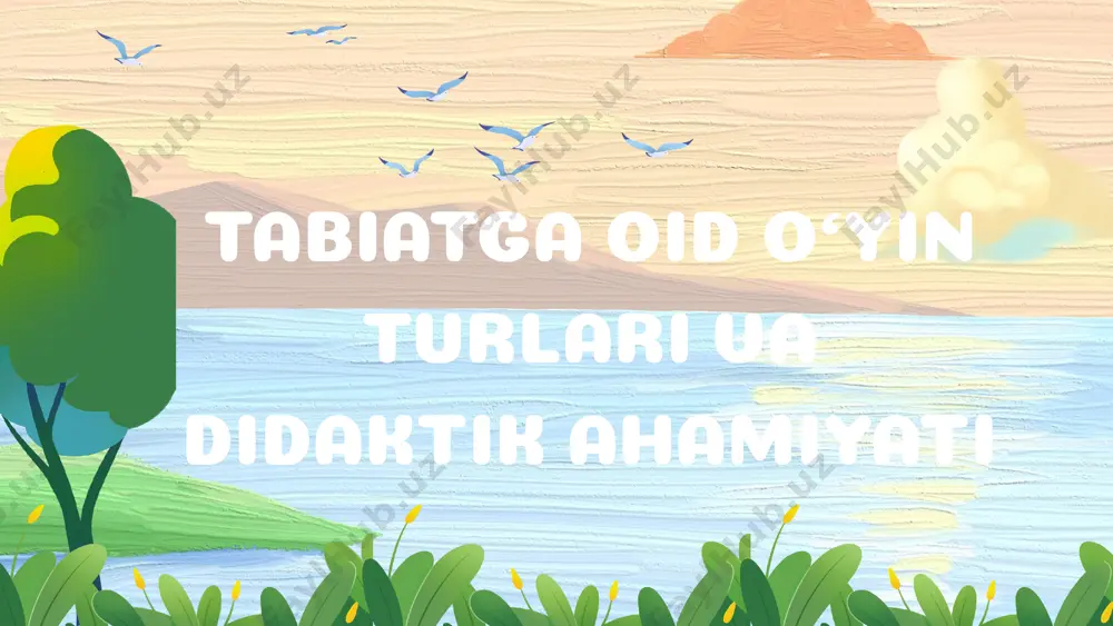ish zarur. bu talablar quyidagilardan iborat: o’yin mavzusining ta’limiy, tarbiyaviy va rivojlantiruvchi maqsad va vazifalarni hal qilishi; o’yin jarayonining jamiyatdagi va kundalik hayotdagi muhim muammolarga bag’ishlanishi; o’yin tuzilishining mantiqiy ketma-ketlikda bo’lishi; o’yin davomida musiqiy didaktik prinsiplarga amal qilinishi. tabiatga oid o’yinlarni olib borish uchun o’yinchoqlar ham muhim ahamiyat kasb etadi. o’yinchoqlar bolalarning tabiatga oid tasavvurlarini, hayajonini, ijodkorligini, fantaziyasini va boshqaruv qobiliyatini oshiradi. tabiatga oid o'yin turlari tabiatni o'rganish, uning qiziqishlarini va uning muhim aspektlarini o'rgatish uchun yaratilgan o'yinlardir. bu o'yinlar tabiatning kengligini, uning turli hayvon va bitkilarini, ekosistemalarini va tabiatdagi jarayonlarni o'rganishga imkoniyat beradi. didaktik ahamiyati esa, tabiatga oid o'yinlarning o'rganish va o'qitish jarayonlarida qo'llanilishi orqali talabalar uchun o'rganishni yanada qiziqarli va samarali qilishdir. bu o'yinlar talabalarga tabiatni sevganlik, uning e'tiqodiy, iqtisodiy va ekologik ahamiyatini tushunishga yordam beradi. shuningdek, bu o'yinlar talabalarning tabiat bilimlari, biologiya va ekologiya fanlarini o'rganishda motivatsiya va qiziqishni oshirish uchun muhim vositalar sifatida ham ishlatiladi. tabiatga …