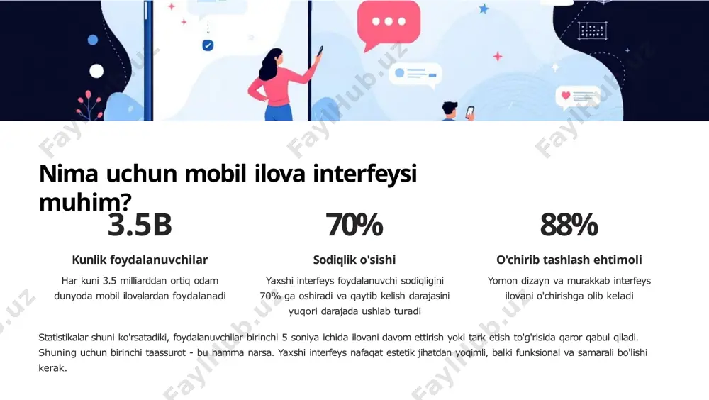 k deklarativ ui yaratish imkoniyatini beradi. kamroq kod: an'anaviy xml layout fayllarga nisbatan 50% kamroq kod yozish imkoniyati ko'proq qulaylik: real vaqtda o'zgarishlarni ko'rish va tezkor prototiplash tayyor komponentlar: material design asosidagi tugmalar, menyular, animatsiyalar tezkorlik: ishlash tezligi va xotira sarfida optimallashtirilgan jetpack compose bilan ishlash - bu kelajakka sarmoya kiritish hisoblanadi. intuitiv navigatsiya va foydalanuvchi harakatlari tab bar navigatsiyasi eng mashhur va intuitiv navigatsiya turi. foydalanuvchilar bitta bosish bilan asosiy bo'limlarga o'tishi mumkin. maksimal 5 ta tab ishlatish tavsiya etiladi. hamburger menyu ko'p funksiyali ilovalar uchun ideal. yon panelda barcha bo'limlar va sozlamalar joylashadi. ekran maydonini tejaydi va tartibli ko'rinish beradi. swipe harakatlari touch gesture api'lari yordamida interaktivlikni oshirish mumkin. swipe, pinch, long press kabi harakatlar foydalanuvchi tajribasini boyitadi va tezlashtiradi. vizual javob foydalanuvchiga vizual va ovozli javoblar berish (feedback) muhim. har bir harakat uchun tegishli animatsiya yoki tovush effekti bo'lishi kerak. moslashuvchan va responsiv dizayn 1 ekran o'lchamlari …