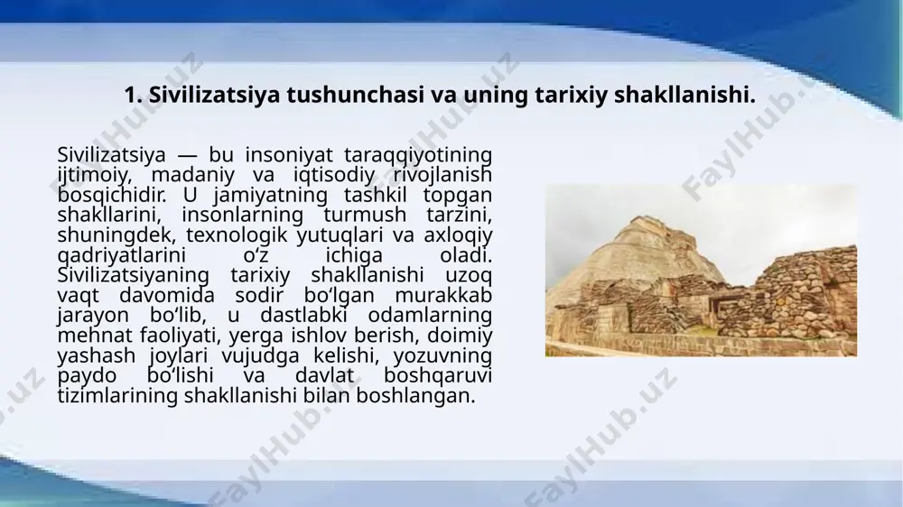 iy jarayonlarda sivilizatsiya va madaniyat o‘zaro chambarchas bog‘liq bo‘lib, ular bir-birini shakllantirib, rivojlantirib kelgan. sivilizatsiya o‘zining texnologik, iqtisodiy va ijtimoiy asoslarini yaratishda madaniyat bilan uzviy bog‘lanib, har bir davrning ma'naviy, axloqiy va estetik qadriyatlarini o‘zida mujassam etadi. shu bilan birga, madaniyat o‘zining badiiy, ilmiy, axloqiy va falsafiy yutuqlari orqali sivilizatsiyaning shakllanishiga, rivojlanishiga va o‘zgarishiga katta ta'sir ko‘rsatadi. sivilizatsiyaning o‘zgarishi va taraqqiyoti madaniyatning yangi shakllanishi va g‘oyalar bilan chambarchas bog‘liqdir. masalan, qadimgi misr va mesopotamiya sivilizatsiyalarining ilmiy va texnologik yutuqlari, ular yaratgan san'at asarlari va diniy qarashlar madaniyatning rivojlanishiga olib keldi. bu sivilizatsiyalar o‘zining madaniy qadriyatlarini yaratgan holda, keyingi davrlar uchun yangi bilimlar va g‘oyalarni taqdim etdi. xuddi shu tarzda, renessans davrida g‘arb sivilizatsiyasi san'at, ilm-fan va falsafaning rivojlanishiga asos bo‘ldi, bu o‘z navbatida madaniyatning yangi ko‘rinishlarini yaratdi. etiboringiz uchun rahmat! image1.jfif image2.jpeg image3.jpeg image4.jpeg /docprops/thumbnail.jpeg