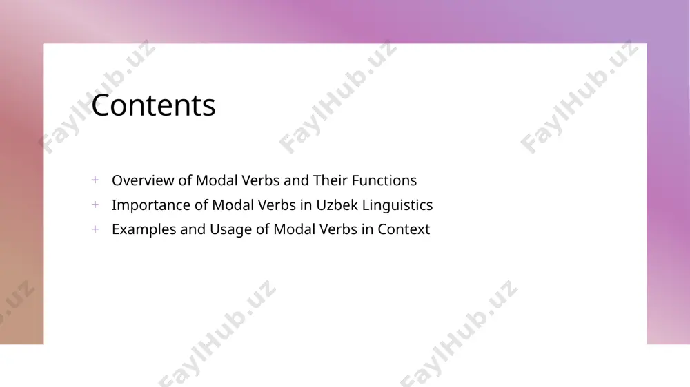 ; for example, romance languages often distinguish between obligation and permission, highlighting cultural communication differences. the role of modal verbs in conveying nuances in uzbek grammar. modal verb functions nuances of meaning contextual usage in uzbek grammar, modal verbs indicate various functions, such as expressing obligation or permission, thus shaping the meaning and intent of sentences. the use of modal verbs in uzbek allows speakers to convey subtle differences in meaning, reflecting attitudes towards necessity, desire, and possibility in communication. context plays a crucial role in the application of modal verbs in uzbek, influencing interpretation based on the speaker's intent and the surrounding discourse. exploring the impact of modal verbs on uzbek language structure. 1 modal verbs defined modal verbs in uzbek, such as "qila olmoq" (can) and "kerak" (must), modify verbs to indicate ability, necessity, and permission, shaping sentence meaning. 2 sentence structure impact in uzbek, modal verbs influence …