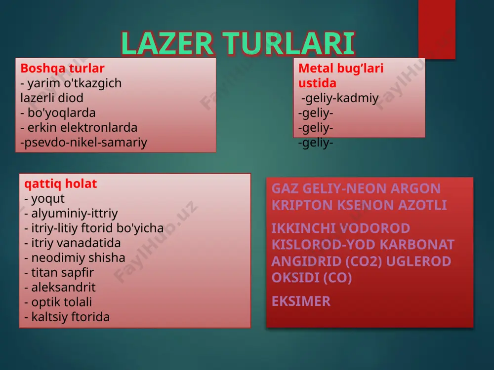 to'lqinining to'lqin uzunligi radio diapazonining to'lqin uzunligidan o'rtacha olti darajaga qisqaroqdir, shuning uchun lazer nurlanishi yordamida juda katta hajmdagi ma'lumotlar uzatilishi mumkin. lazerli aloqa ochiq va yopiq yorug'lik uzatuvchi tuzilmalar orqali, masalan, optik tola orqali amalga oshiriladi. to'liq ichki aks ettirish hodisasi tufayli yorug'lik u orqali uzoq masofalarga deyarli zaiflashmasdan tarqalishi mumkin. image2.jpeg image3.jpeg image4.jpeg image5.jpeg image6.jpeg image7.jpeg image8.jpeg image9.jpeg image10.jpeg