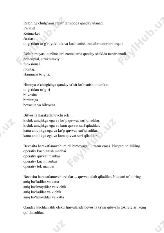 v 110-220 v kichik nimstansiyalarda o‘zgarmas operativ tok manbai sifatida kuchlanish necha v bo’ladi. 24 v 48 v 36 v 24-48 v operativ zanjirlarni qisqa tutashuv tokidan himoya qilish uchun nima ishlatiladi. tok rele kuchlanish rele to’g’ri javob yo’q saqlagich yoki maxsus avtomatlar operativ tok batareyalari doimiy ... rejimida aniq ishlaydi. nuqtani to’ldiring. q.t salt ish oddiy ish zaryadlanish o‘zgaruvchan operativ tok manbalari bo‘lib bu? tok, kuchlanish transformatorlari o‘z extiyoj transformatorlari akkumulyator batereyalari tok, kuchlanish transformatorlari va o‘z extiyoj transformatorlari podstansiyada kuchlanish yo‘qolsa himoya zanjirini va avtomatlarni nima yordamida energiya bilan ta’minlash mumkin. rezistor rele drossel zaryadlangan kondensator tok va kuchlanish transformatorlaridan foydalanilganda ... yaqqol kuzatiladi. nuqtani to’ldiring. tok taqchilligi kuchlani taqchilligi energiya taqchilligi quvvat taqchilligi tok transformatorlari nima uchun qo‘llaniladi. o‘lchov asboblarini yuqori kuchlanish zanjiridan izolyasiya qilish uchun va himoya zanjirini tarmoqdagi tok bilan ta’minlash uchun himoya apparatlarini yuqori kuchlanish zanjiridan izolyasiya qilish uchun va himoya zanjirini tarmoqdagi tok …