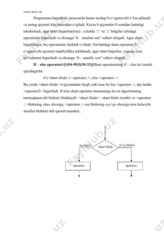 ob chop qilinadi. ?: shart amali: [3(33-34), 4(53)]agar tekshirilayotgan shart nisbatan sodda bo‘lsa, shart amalining > ko‘rnishini ishlatish mumkin: ? : ; shart amali if shart operatoriga o‘xshash holda ishlaydi: agar 0 qiymatidan farqli yoki true bo‘lsa, , aks holda bajariladi. odatda ifodalar qiymatlari birorta o‘zgaruvchiga o’zlashtiriladi. misol tariqasida ikkita butun son maksimumini topish ko‘raylik. programmadagi shart operatori qiymat berish operatorining tarkibiga kirgan bo‘lib, a o‘zgaruvchining qiymati b o‘zgaruvchining qiymatidan kattaligi tekshiriladi, agar shart rost bo‘lsa c o‘zgaruvchiga a o‘zgaruvchi qiymatini, aks holda b o‘zgaruvchining qiymatini va c o‘zgaruvchisining qiymati chop etiladi. ?: amalining qiymat qaytarish xossasidan foydalangan holda, uni bevosita cout ko‘rsatmasiga yozish orqali ham qo‘yilgan masalani yechish mumkin: # bu operator quyidagicha amal qiladi: birinchi navbatda qiymati hisoblanadi, keyin bu qiymat case kalit so‘zi bilan ajratilgan bilan solishtiriladi. agar ular ustma-ust tushsa, shu qatordagi ‘:’ belgisidan boshlab, toki break kalit so‘zigacha bo‘lgan bajariladi va boshqaruv tarmoqlanuvchi operatordan keyingi …