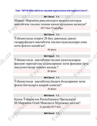mt10-мактабгача таълим муассасаси методисти (тест) — DOCX