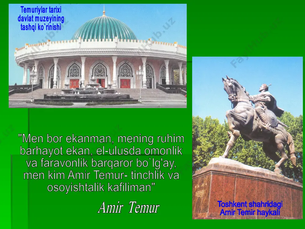ardigori olamga topshirdim. islom dinini yoyib, muhammad shariatini quvvatladim, o`z saltanatimni shariat bilan bezadim”. kimki o`zbek nonini, o`zbek millatining kuch-qudratini, adolat parvarligini, cheksiz imkoniyatlarini, uning umumbashariyat rivojiga qo`shgan hissasini, shu asosda kelajakka ishonchini anglamoqchi bo`lsa, amir temur siymosini eslashi kerak islom karimov sohibqiron o`gitlari. kuch adolatdadir. chorasi bo`lmagan ishga kirishma, chunki undan qutilib bo`lmaydi. bir kunlik adolat - yuz kunlik toat- ibodatdan afzal. birini ko`rib fikr qil, birini ko`rib shukur. filning dumi bo`lguncha, chumolining boshi bo`l. ishon - ammo shubha qil. sher yigitni nomus o`ldirar. kurashib erishilmagan g`alaba g`alaba emas. davlat – lashkarlaru fuqarolarning sadoqati va fidoiyligi-la qudratlidir. yozilgan narsa avlodlar xotirasida qilingan ishlar ham uzoqroq yashaydi. qudratimizga shak–shubhangiz bo’lsa, biz qurdirgan binolarga boqing. ajal – qo`rqoqlarga bohona. adovat emas - adolat yengadi. avval yo`ldosh - keyin yo`l. bel ushlashganda otangni ayama. bitgay ketgay, bel qolar. beklar ketar, el qolar. bilagi zo`r - birni yiqar , bilimi zo`r - mingni. …