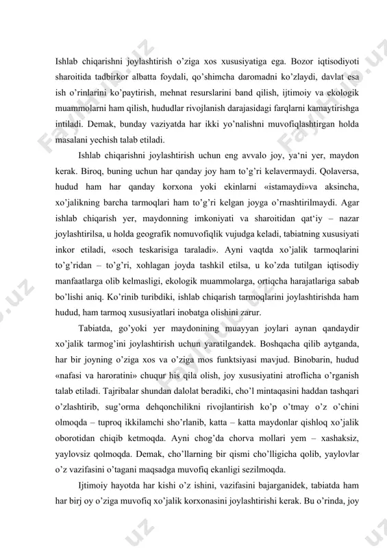chini olmoqda – tuproq ikkilamchi sho’rlanib, katta – katta maydonlar qishloq xo’jalik oborotidan chiqib ketmoqda. ayni chog’da chorva mollari yem – xashaksiz, yaylovsiz qolmoqda. demak, cho’llarning bir qismi cho’lligicha qolib, yaylovlar o’z vazifasini o’tagani maqsadga muvofiq ekanligi sezilmoqda. ijtimoiy hayotda har kishi o’z ishini, vazifasini bajarganidek, tabiatda ham har birj oy o’ziga muvofiq xo’jalik korxonasini joylashtirishi kerak. bu o’rinda, joy yoki hududning sig’imi to’g’risida fikr bildirish lozim. gap shundaki, har bir joy xo’jalik va aholini muayyan miqdorda sig’dira oladi, undan ortig’i esa tabiiy muvozanatni, ekologik vaziyatni buzadi. ammo bu sig’im darajasi, ko’lami birday bo’lmaydi va balki doim o’zgarib turadi. demak, yerning o’ziga xos qiymati bor va bu qiymat turli sharoitda turlicha (d.rikardo). mazkur masala bilan yer kadastri shug’allanadi. bu yerda shuni ta‘kidlash joizki, hududning iqtisodiy, demografik, ekologik sig’imlari bir xil emas. odatda, aholi zichligi, ya‘ni 1 km2 ga necha kishi to’g’ri kelishi hududdan foydalanishning umumiy ko’rsatkichi bo’lib xizmat qiladi. shu …