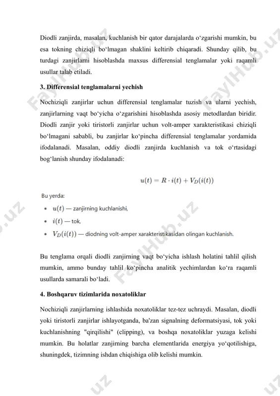 atsiya qilish va raqamli hisoblashlarni amalga oshirish uchun qo‘llaniladi. bu metodlar orqali nochiziqli zanjirlarning har bir elementining vaqt bo‘yicha o‘zgarishini kuzatish va batafsil tahlil qilish mumkin. 3. o‘zgaruvchan tokli nochiziqli zanjirlarda tahlilning operator (laplas) usuli o‘zgaruvchan tokli nochiziqli zanjirlar uchun tahlilning operator usuli, ayniqsa, laplas transformatsiyasidan foydalanish, zanjirlarning vaqt bo‘yicha o‘zgarishlarini aniq va soddalashtirilgan tarzda yechish imkonini beradi. laplas transformatsiyasi va uning zanjirlar uchun qo‘llanilishi — bu zanjirlarni tahlil qilishda samarali va qulay usul bo‘lib, har bir elementning vaqt bo‘yicha noxatoliklarini va o‘zgarishlarini yechish imkonini beradi. 1. laplas transformatsiyasining asoslari laplas transformatsiyasi — bu matematik usul bo‘lib, u vaqt domenida berilgan funksiyani (masalan, tok, kuchlanish) kompleks s=σ+jω planiga o‘tkazadi. bu transformatsiya yordamida differensial tenglamalar, integral va boshqa vaqt bo‘yicha hisoblashlarni soddalashtirish mumkin. laplas transformatsiyasining umumiy shakli: laplas transformatsiyasining afzalliklaridan biri, differensial tenglamalar va integral tenglamalarni algebraik tenglamalarga aylantiradi, bu esa tahlilni soddalashtiradi. 2. nochiziqli zanjirlar va laplas transformatsiyasi nochiziqli zanjirlar, …
