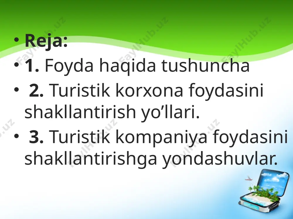 i tadbirkor ( turistik agent ) tomonidan turistik mahsulotni ilgari surish va sotish bo'yicha faoliyat . turistik faoliyat turistik xizmat turistik mahsulot turar joy xizmatlari maishiy xizmatlar transport xizmatlari sog'lomlashtirish xizmatlari madaniy xizmatlar sport xizmatlari ekskursiya xizmatlari oziq-ovqat xizmatlari asosiy qo'shimcha turistik mahsulotni ilgari surish turizm mahsulotini shakllantirish turizm mahsulotlarini turoperator sayohat agenti sayyohlik agentliklarining asosiy faoliyati faoliyat turi (turoperator yoki sayyohlik agentligi); sayyohlik agentligining ixtisoslashuvi (kurort va plyaj, tibbiy, ekskursiya , ta'lim, ekstremal, chang'i turizmi va boshqalar); turlari (ichki, kirish, chiqish turizmi); biznesni tashkil etish va boshqarish shakli (mustaqil yoki tarmoq sayyohlik agentliklari). turizmni boshqarish tizimi tizim - bu bir-biri bilan munosabat va aloqada bo'lgan, ma'lum bir yaxlitlik, birlikni tashkil etuvchi elementlar yig'indisidir . quyi tizim - bu tizimning nisbatan mustaqil qismi bo'lib , tizimning xususiyatlariga ega, pastki maqsadga ega, shuningdek, yaxlitlik, aloqa va boshqalar. aloqa - elementlarning erkinlik darajasining cheklanishi . bu tushuncha tizimning tuzilishini (statikasini) va ishlashini …
