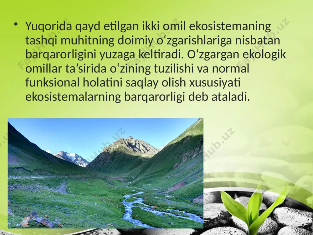ri, sporalar, karaxt holdagi havyonlar saqlanib qolgan bo‘ladi. ikkilamchi suksessiyalarning amalga oshishi ko‘pincha inson omili ta’sirida sodir bo‘lgani uchun ham ularni antropogen suksessiya deb atash ham mumkin. image2.jpeg image3.jpeg image4.jpeg image5.jpeg image6.jpeg image7.jpeg image8.jpeg image9.jpeg image10.jpeg image1.jpeg