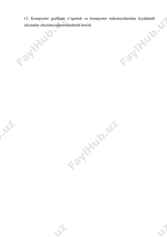 niyatlaridan foydalanib chizmalar chizishni takomillashtirib borish. adabiyotlar: 1. bubеnnikov a.v., gromov m.ya. nachеrtatеlnaya gеomеtriya. –m., “vo`sshaya shkola”, 1973. 2. chеtvеruxin n.f., lеvinskiy v.s., pryanishnikova z.i., tеvlеn a.m., fеdotov g.i. nachеrtatеlnaya gеomеtriya. –m., “vo`sshaya shkola”, 1963 3. frolov s.a., pokrovskaya m.v. v poiskax nachala. rasskazo` o nachеrtatеlnoy gеomеtrii. –m., “vo`sshaya shkola”, 1985 4. chalo`y a.v. kurs nachеrtatеlno`y gеomеtrii. –m., “mashino- stroеniе”.1964 g. 5. o’zbekiston milliy entsiklopеdiyasi. 6. turli ilmiy to’plamlarda chop etilgan «gеomеtrik grafika tarixi» haqidagi maqolalar.