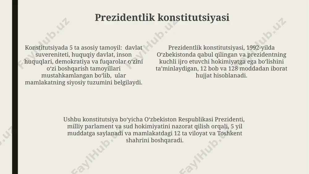 adi. yozuvli konstitutsiyalar, masalan, fransiyaning 1958-yildagi konstitutsiyasi singari, o'zgartirishlar kiritish tartibini belgilaydi, bu esa konstitutsiyani zamonaviy talablarga moslashtirish imkonini beradi va davlatning uzoq muddatli barqarorligini ta'minlaydi. mukammal va nomukammal konstitutsiyalar mukammal konstitutsiyalar, masalan, fransiyaning 1958-yilgi konstitutsiyasi, oddiy qonunlar bilan osongina o'zgartirilishi mumkin bo'lgan qoidalarni ham o'z ichiga oladi, bu esa ularning moslashuvchanligini ta'minlaydi. nomukammal konstitutsiyalar, jumladan, buyuk britaniyaning konstitutsiyasi, yozma hujjat emas, balki 1215-yildagi magna carta va boshqa qonunlar, hujjatlar va urf-odatlar majmuasidan iborat. mukammal konstitutsiyalar, masalan, aqsh konstitutsiyasi, 1787-yilda qabul qilingan va 27 ta tuzatish bilan to‘ldirilgan, davlat tuzumining barcha jihatlarini batafsil tartibga soladi. aralash konstitutsiya aralash konstitutsiyalar, qozogʻiston konstitutsiyasi misolida koʻrib chiqilsa, asosiy qoidalar yozma ravishda belgilansa-da, amaliyotda sud amaliyoti va siyosiy anʼanalar orqali 5 dan ortiq moddalar talqini oʻzgaradi. aralash konstitutsiyalar, masalan, buyuk britaniyaning konstitutsiyasi kabi, yozma va yozma boʻlmagan qonunlar, hujjatlar va anʼanalar majmuasidan iborat boʻlib, 1215-yildagi magna carta kabi tarixiy hujjatlarga ham tayanadi. aralash konstitutsiyaviy …