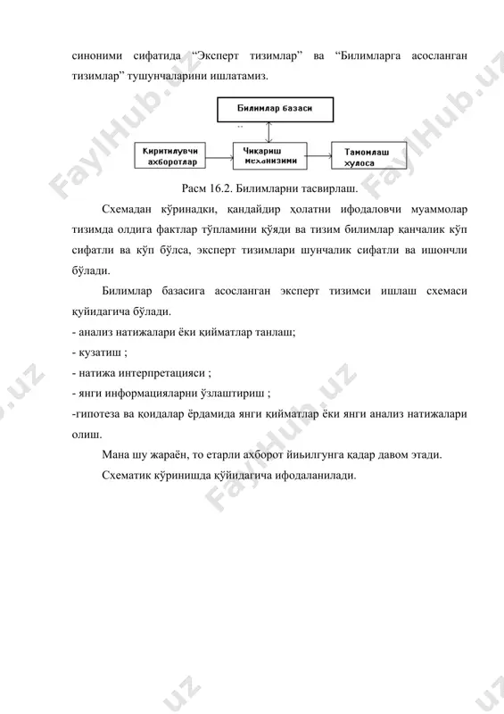 ан четлаштириш керак. билимларни тасвирлайдиган тизимлар махсулий продукцион тизимлар деб ном олди. эксперт тизимларининг қўлланиши бўйича махсулотларни “вазият ҳаракат”, “ҳолат ечимини қабул қилиш”, “жўнатиш- хулоса” тарзида талқин қилиш мумкин. дедуктив хулоса тизимси учун ўзига хослик – бу “жунатиш-хулоса” кўриншда талқин қилинади. бу жунатишлар ва хулосалар – аксиома ва теоремаларни, махсулотларни ўзи эса хулоса қоидаларни ифодалайди. махсулотлар тилининг асосий элеманти қуйидаги конструкциядир: (i), ð, ðj ; a=b; (i) q бу конструкция қуйидагича ифодаланиши мумкин: “агар р шарт бажарилса ва а шарт ўринли бўлса, у ҳолда в ишни қилиш в махсулотнинг i номерли шартини q шартига ўзгартириши керак”. бизнинг мисолда, i- қоиданинг тартиб номери. мисол тариқасида қуйидаги формулани кўрамиз. р=р1 vv р2 vv р3 vv р4 бунда р1 – тирсотоксикос, р2 – қандли диабет, р3- аддисионе касаллигини компирсен шакли, р4 –коронар (юрак кон танқислигининг оьир формаси). а- гипотерсоз, в-тирсоденнинг 0.3 гр қабули, q қийматини 0.3гр га ошириш керак бўлсин. предикат рк (q>1) …