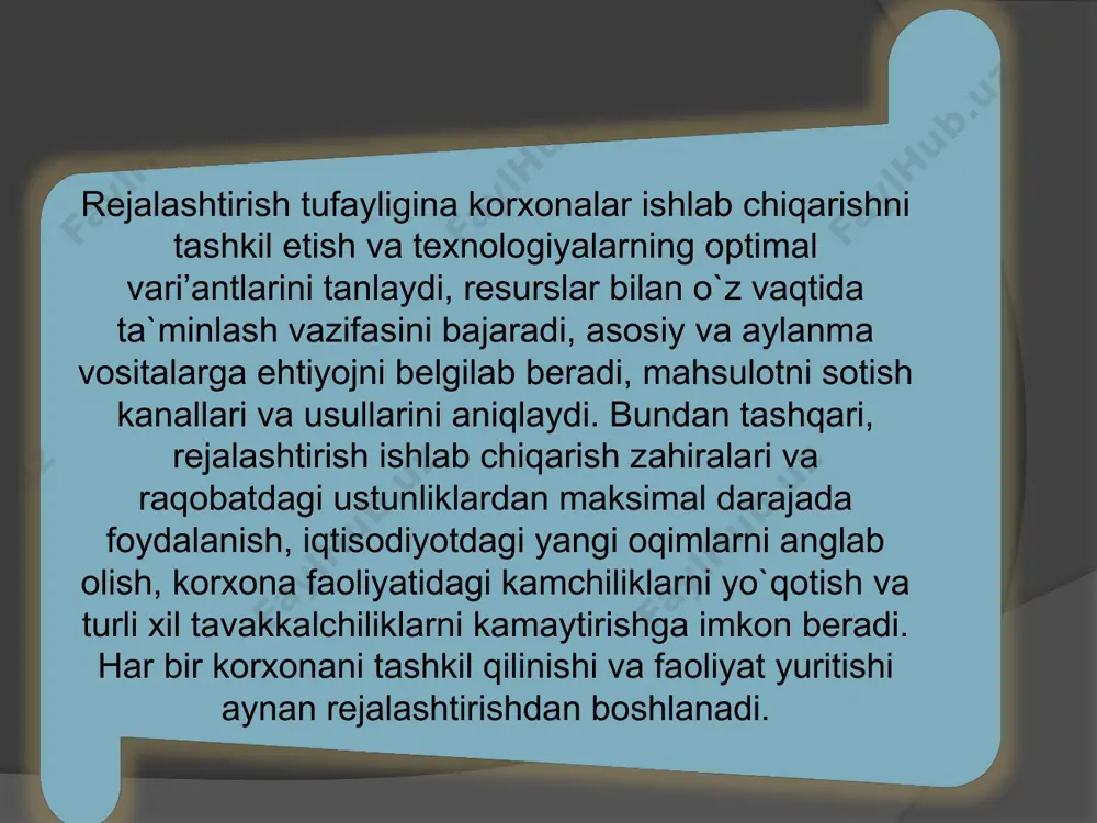 ariga bo`linadi. texnik-iqtisodiy rejalashtirish korxona faoliyatining barcha (iqtiso- diy, texnik, ijtimoiy va hokazo) jihatlarini qamrab oluvchi rejalashti- rish turi bo`lib, asosan bir yilga mo`ljallangan iqtisodiy va ijtimoiy ri- vojlanish rejasi shaklida amalga oshiriladi. mazkur rejalashtirish turi- ning soddalashtirilgan ko`rinishi ko`pincha korxona faoliyatining yil- lik rejasi deb ataladi. tezkor-ishlab chiqarish rejalashtirish texnik-iqtisodiy rejalash- tirishning davomi bo`lib, korxona faoliyati yillik rejasini yanada qisqaroq muddatga – sutka, o`n kunlik, oyga bo`lib muayyan- lashtirish bilan tavsiflanadi. tezkor-ishlab chiqarish rejalashti- rish – kalendar rejalashtirish va dispetcherlashdan iborat bo`- ladi. kalendar rejalashtirishda korxona yillik rejasida va birinchi o`rinda ishlab chiqarish dasturi(mahsulot tayyorlash rejasi)ni o`n kunlik, hafta, kun va smena bo`yi­cha aniqlashtirish hamda bu ko`rsatkichlarni bajaruvchilarga etkazish ko`zda tutilgan. 10 qisqa muddatli rejalashtirishda korxona faoliyati va rivojlanishi 1-3 yilga mo`ljallab rejalashtiriladi. uning o`ziga xosligi shundaki, birinchi yil ko`rsatkichlari har chorakda, ikkinchi va uchinchi yil ko`rsatkichlari esa har yarim yil yoki bir yilda aniqlashtiriladi va to`g`rilashlar kiritilib boriladi. …