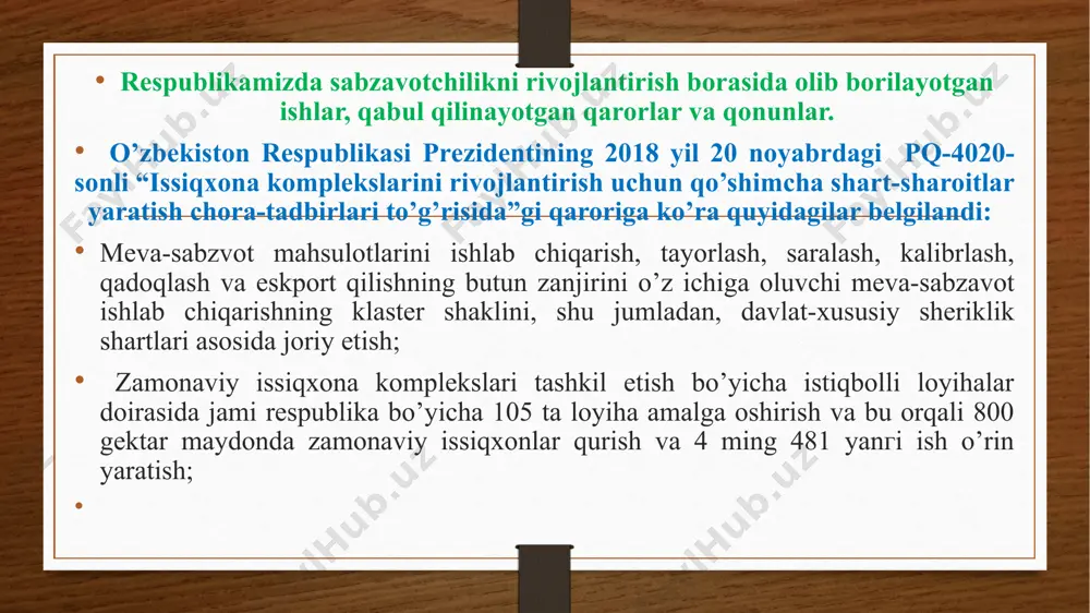 oyimjon, qalampir, fi­zalis (paq-paq); 7. piyozbosh sabzavot ekinlar: sarimsoq, bosh piyoz, shalot piyoz, po­rey piyoz; 8. ko’kat sabzavot ekinlar: rediska, salat, ismaloq, shivit, pet­rushka, selderey, kress-salat, kashnich, rayhon, salat-xantal, yalpiz; 9. dukkakli sabzavotlar: gorox, loviya, sparja loviya, dukkaklar; 10. boshoqli sabzavot ekinlari: shirin makkajo’xori; 11. ko’p yillik va kam tarqalgan sabzavot ekinlar: shovul, rovoch (chukri), sarsabil, ko’p yillik piyoz, xren, artishok, qatron. inson hayotida sabzavotlarning ahamiyati katta. ular tarkibida turli xildagi biologik faol moddalar ko’p bo’lganligi uchun ularni “salomatlik sarchashmalari” deb ham yuritiladi. sabzavotlar tarkibida inson salomatligi uchun zarur bo’lgan vitaminlarni 15 tasi mavjuddir, mineral tuzlar, fermentlar, fitontsitlar va boshqa biologik faol moddalarning ko’pligi ular insonlarning muhim oziqa moddasi ekanligidan dalolat beradi. shunga ko’ra aholi hayotini davomiyligi va mehnatga layoqatliligi sabzavotchilikni rivojlanishiga bog’liq bo’ladi. dunyo hamjamiyati tomonidan buning chuqur e’tirof etilgani bois, sabzavot va poliz ishlab chiqarish hajmi yiliga ortib bormoqda va xozirgi kunda dune buyicha yiligi 900 mln.tonna sabzavot-poliz …