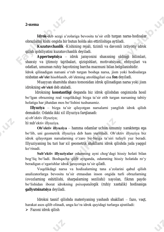 llyuziyalar odamning ayni chog„dagi hissiy holati bilan bog„liq bo„ladi. boshqacha qilib aytganda, odamning hissiy holatida ro„y beradigan o„zgarishlar idrok jarayoniga ta‟sir qiladi. voqelikdagi narsa va hodisalarning tana a‟zolarini qabul qilish analizatorlarga bevosita ta‟sir etmasdan inson ongida turli obrazlarning (ovozlarning eshitilishi, sharpalarning sezilishi) xayolan, fikran paydo bo„lishidan iborat idrokning psixopatalogik (ruhiy xastalik) hodisasiga gallyutsinatsiya deyiladi. idrokni tasnif qilishda materiyaning yashash shakllari – fazo, vaqt, harakat asos qilib olinadi, unga ko„ra idrok quyidagi turlarga ajratiladi:  fazoni idrok qilish  vaqtni idrok qilish  harakatni idrok qilish ko„z gavharlarining va umuman ko„zning narsalarni eng yaxshi ko„rish uchun moslashuvini akkomadatsiya deyiladi. topshiriqlar 1- illuziya turlariga ta‟rif bering va qaysi shakl qaysi illuziya turiga mos kelishini belgilang. ob‟ektiv illyuziya - sub‟ektiv illyuziya – 2- nuqtalar o„rniga mos raqamlarni qo„ying. nerv markazlaridagi nerv hujayralari qo„zg„algan vaqtda ............. nerv markazlaridagi nerv hujayralari tormozlanish vaqtida ............. 1) ular ish bajaradi; 2) nerv hujayralari dam oladi; 3) nerv …