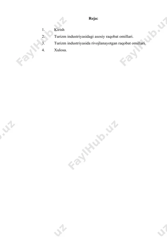 ashqari, munozarada turar joy, muqobil turar joy va texnologiya kabi rivojlanayotgan tendensiyalar sanoatning raqobatbardosh dinamikasini qanday o'zgartirayotgani ko'rib chiqiladi. maqsad - raqobatni qo'zg'atuvchi kuchlar haqida to'liq ma'lumot berish va ushbu rivojlanayotgan bozorda muvaffaqiyat qozonishni maqsad qilgan manfaatdor tomonlar uchun amaliy choralarni ko'rsatish. turizm industriyasidagi asosiy raqobat omillari turizm sanoatiga yo'nalishlar va xizmatlarning jozibadorligini oshirishi yoki to'sqinlik qilishi mumkin bo'lgan bir qator raqobat omillari ta'sir ko'rsatadi. iqtisodiy, ijtimoiy, texnologik va ekologik sohalarni qamrab oluvchi ushbu omillar iste'molchilar tajribasini ham, biznes, hukumatlar va manfaatdor tomonlarning strategik qarorlarini ham shakllantiradi. quyida turizm sanoatida muvaffaqiyatga olib keladigan asosiy raqobat omillari haqida umumiy ma’lumot berilgan: narxlar raqobatbardoshligi - sayohat narxi: narxlar sayohatchining qarorlarini shakllantirishda asosiy rol o'ynaydi. sayohatning umumiy narxi - parvozlar, turar joy, tadbirlar va ovqatlanishni qoplash - ko'pincha qaysi yo'nalishlar hamyonbop va jozibali deb qabul qilinishini aniqlaydi. narxga sezgir sayohatchilar ko'proq byudjetga mos variantlarni tanlashlari yoki chegirmalar va paketlarni izlashlari mumkin. - chegirmalar …