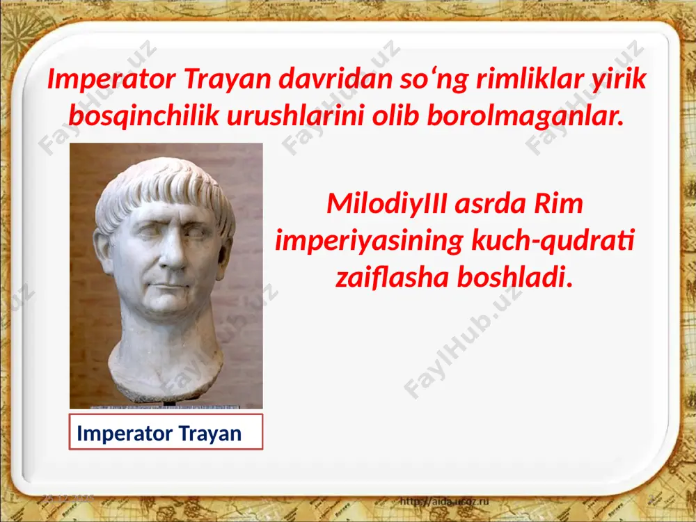 imgi dunyo tarixning yakunlanish sanasi sifatida tarixga kirdi. 26.07.2019 13 jang ko‘rinishlari savol va topshiriqlar 1. rim armiyasi haqida so’zlab bering. 2. rimliklar kimlarni «varvarlar» deyishgan? rimliklar varvarlarning qaysi qabilalari bilan to‘qnashishdi? 3. rim imperiyasining g‘arbiy va sharqiy imperiyalarga bo‘linishi sababi nimada? 4. rimning bosib olinishi haqida so’zlab bering. 5. g‘arbiy rim imperiyasi qulashi sabablarini sanang. 26.07.2019 14 image2.jpeg image3.jpeg image4.jpeg image5.jpeg image6.jpeg image7.png image8.jpeg image9.jpg image10.jpeg image11.jpeg image12.jpeg image13.jpeg image14.emf image1.jpeg