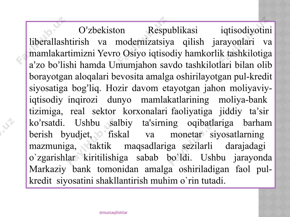iyalarda katta miqdordagi xilma-xil qimmatli qog`ozlar ishtirok etadi. ularning eng asosiylari sifatida xazina veksellari, foizsiz xazina veksellari, g`aznachilik majburiyatlari, moliya vazirligi obligatsiyalari va markaziy bank tomonidan belgilangan boshqa qimmatli qog`ozlarni ko`rsatish mumkin. ushbu qimmatli qog`ozlarning bir qismi pul bozoriga tegishli bo`lsa, ikkinchi qismi kapitallar bozoriga tegishlidir. ko`pchilik rivojlangan horijiy davlatlarda, xususan, aqsh, germaniya, buyuk britaniya va fransiyada markaziy bankning qimmatli qog`ozlarni emitentning o`zidan bevosita sotib olishi ochiq bozor operatsiyasi hisoblanmaydi, balki kreditlash hisoblanadi. @mustaqilishlar valyuta siyosati markaziy bankning valyuta siyosati deganda, uning valyuta munosabatlarini tartibga solish va amalga oshirish sohasidagi tadbirlarining majmui tushuniladi. markaziy bank valyuta siyosatining asosiy maqsadi milliy valyuta kursining xorijiy mamlakatlar valyutasi kursiga bo’lgan nisbatining barqarorligi9ni ta’minlashga qaratilgan. markaziy bank o;zining vakolati doirasida hukumat bilan hamkorlikda davlatning valyuta munosabatlari bo’yicha siyosatining asosiy yo’nalishlarini belgilaydi. mamlakatda valyuta siyosatining joriy va kelgusi davrdagi holati yuzasidan rivojlantirish strategiyasini ishlab chiqadi. bularning ichida eng asosiylari sifatida mamlakatning to’lov balansi, hukumatning valyuta …