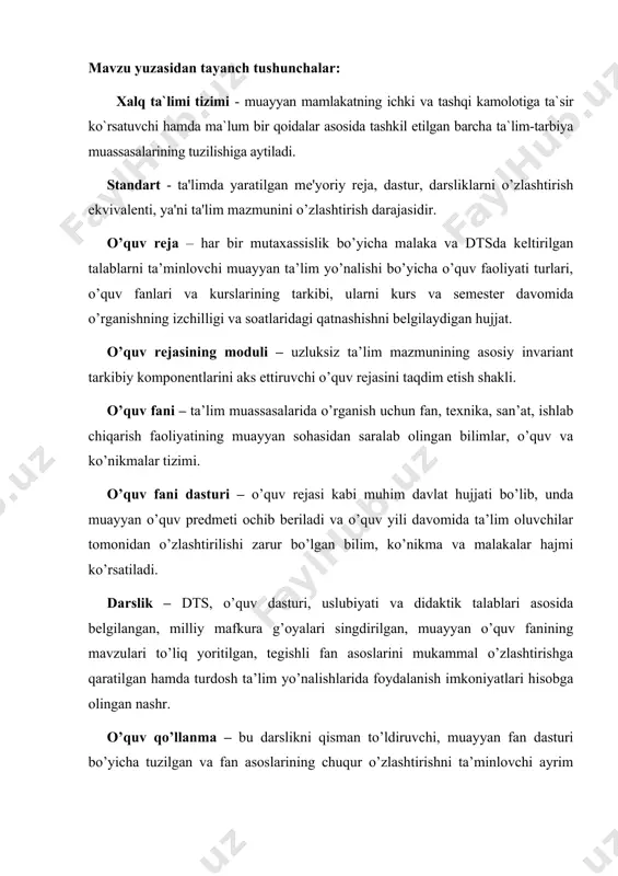 muayyan fan dasturi bo’yicha tuzilgan va fan asoslarining chuqur o’zlashtirishni ta’minlovchi ayrim bob va bo’limlarni keng tarzda yoritishga yoki mashq va mashg’ulotlar olib borishga mo’ljallangan nashr. ta'lim tamoyillari – o’qituvchining faoliyatini va talabalar tomonidan ilmiy bilimlarning o’zlashtirilishi, tеgishli ko’nikma va malakalar xosil qilishning asosiy qonun va yo’l-yo’riqlarini o’z ichiga oladi. electron darslik – bu an’anaviy darslikdan farqli o’laroq, fanga oid tegishli materiallarni dinamik talqinda, ya’ni foydalanuvchi e’tiborini jalb qiluvchi turli ranglardan, multimediya, audio va video animatsiyalar, gipermurojaatlardan foydalangan holda tuzilgan yoxud dasturlashtirilgan darsliklar. ma’ruzalar to’plami – muayyan fanning o’quv dasturi bo’yicha undagi mavzularning asosiy mazmuni qisqa yoritilgan, birlamchi yangi bilimlarni olishga qaratilgan, foydalaniladiganasosiy va qo’shimcha o’quv adabiyotlari ko’rsatilgan, o’z-o’zini nazorat qilishga oid savollar turkumi, mavzuga tegishli tayanch atama va iboralar keltirilgan, davriy ravishda ilmiy-tadqiqot izlanishlar asosida yangilanib turadigan, ta’lim muassasalarining ilmiy (pedagogik) kengashi tavsiyasi bo’yicha chiqariladigan kichik adadli tarqatma material. metodik (uslubiy) qo’llanma – muayyan fanning o’quv dasturi bo’yicha kurs …