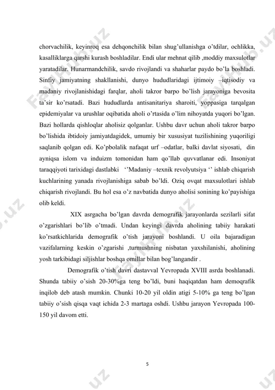 mush tarziga hos omillar, hamda xalqlar orasidagi, davlatlar orasida ro’y berib turadigan urushlar erkaklarning hayotdan barvaqt ko’z yumushiga olib keladi. shunday bo’lsada aholi jinsiy tarkibining shakllanishi dunyo hududlarining har birida o’ziga xos hususiyatga egadir . hozirgi davrda sayyoramiz aholisining jinsiy mutanosibligi yosh guruhlari bo’yicha keskin farq qiladi. tadqiqotlarning ko’rsatishicha, dunyodagi barcha davlatlarda ham 0-14 yosh guruhlarida o’g’il bolalar qiz bolalarga nisbatan ko’proq ekan. bu hol yuqorida ta’kidlaganimizdek , o’g’il bolalarning ko’proq tug’ilisi bilan bog’liqdir. 15-64 yosh gurularida esa ayollarga erkaklar salmog’i dunyo bo’yicha bir muncha tenglashadi, har ming ayolga 1020 erkak to’g’ri keladi. lekin bu nisbiylik hamma qitada ham bir xil emas. aholining jinsiy tarkibida migratsiyaning o’rni ahamiyatlidir. aholi migratsiyasida erkaklar ishtiroki yuqori bo’lganligi sababli migratsion oqim yuqori bo’lgan bazi yirik shaharlarda, o’zlashtirilayotgan hududlarda aholi tarkibida erkaklar salmog’i yuqori bo’ladi. masalan toshkent shahrida jami aholining 51 % ini erkaklar tashkil qiladi. aholining yosh tarkibi juda qadimdan shakllanib kelgan demografik holatning …