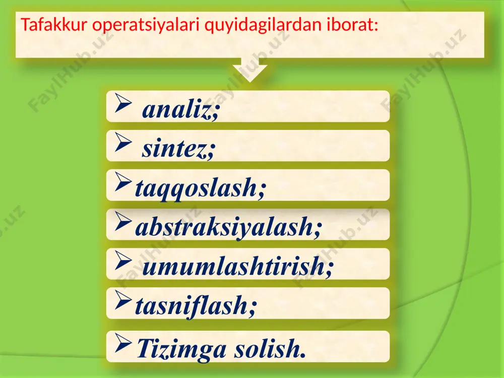 lar mo?iyati ji?atidan ?uyidagilarga ajratiladi: konkret tushuncha- alo?ida olingan bir butun narsaga alo?ador tushuncha abstrakt tushuncha- moddiy borli?dagi narsalardan fikran ajratib olingan ba'zi hususiyat, sifat, ?olatlarga, shuningdek narsalar o'rtasidagi ichki munosabatlarga, ?onuniyatlarga ?aratilgan tushunchalardir. tushunchalar ko'lami ji?atidan 3 turga: yakka tushunchalar- yakka narsa va ?odisalar ?a?idagi tushunchadir. umumiy tushunchalar- bir jinsda bo'lgan ko'p narsa va ?odisalar gavdalantiriladi. to'planma tushunchalar- bir jinsda bo'lgan narsa va ?odisalar to'plami ?a?ida yahlit fikr yuritiladigan tushunchadir professor e.?ozievning “umumiy psihologiya” darsligida tafakkur turlari ?uyidagicha tasniflanadi: shakliga ko'ra: ko'rgazmali-?arakat, ko'rgazmali-obrazli. topshiri? harakteriga ko'ra: nazariy, amaliy, ihtiyorsiz, ihtiyoriy. fikr yoyi?ligiga ko'ra: konkret, abstrakt, realistik, autistik intuitiv, diskursiv. fikrning originallik darajasiga ko'ra: reproduktiv, produktiv, ijodiy, vizual, fazoviy. v.karimovaning “psihologiya” o'?uv ?o'llanmasida tafakkur turlari ?uyidagicha tasniflanadi:. shakliga ko'ra: ko'rgazmali-?arakat, ko'rgazmali-obrazli, manti?iy ko'riladigan masalaning harakteriga ko'ra: nazariy, amaliy ijodiylik elementiga ko'ra: konvergent, divergent yangiligi va noyobligiga ko'ra: reproduktiv, produktiv (ijodiy) ko'rgazmali-?arakat tafakkur turi-amaliy tafakkurning bevosita idrok ?ilayotgan narsa va ?odisalar …