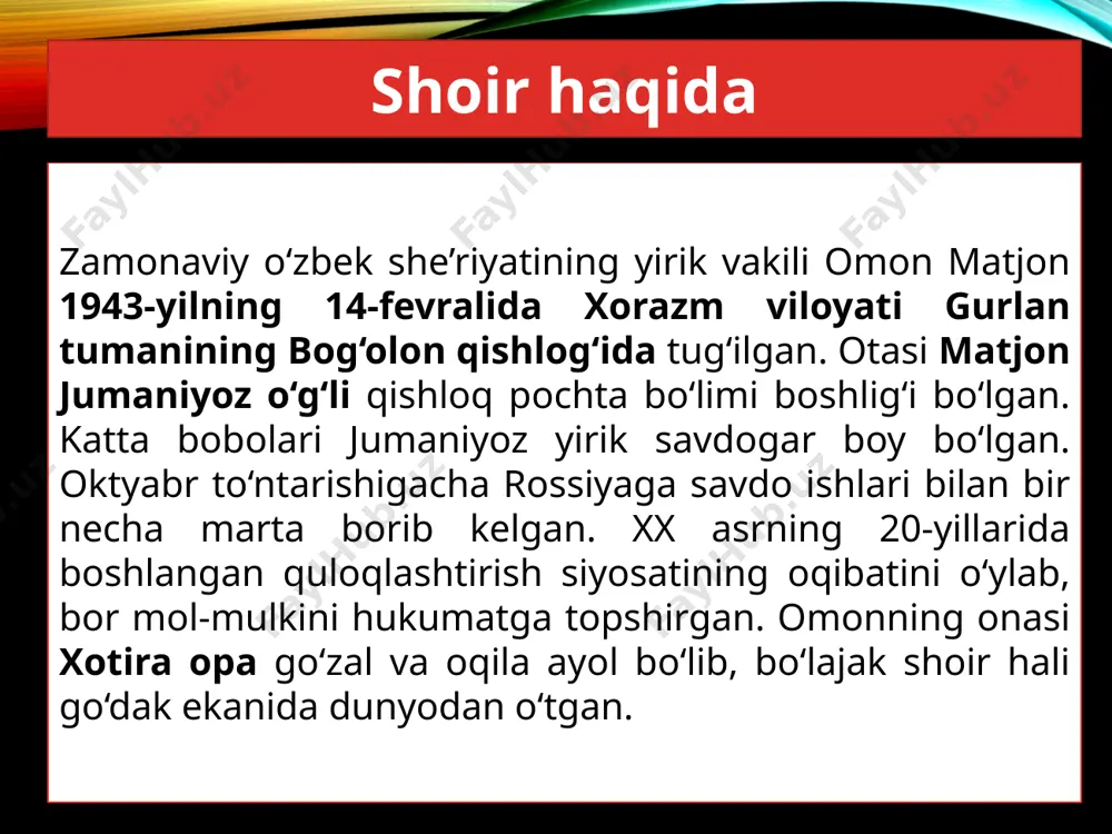 bu she’rlar she’rxonni hayot, odamlar, ularning ichki olami haqida jiddiyroq o‘ylash va o‘ziga yarasha xulosa chiqarishga yo‘naltiradi. e’tiboringiz uchun rahmat! foydalanilgan adabiyot: adabiyot: umumiy o‘rta ta’lim maktablarining 9-sinfi uchun darslik. qayta ishlangan 4-nashri. /qozoqboy yo‘ldoshev, valijon qodirov, jalolbek yo‘ldoshbekov; [mas’ul muharrir: v.rahmonov]. —t.: “o‘zbekiston” nmiu, 2019. ushbu taqdimot slaydi mahsulotidir. diqqat! ushbu mahsulotni tijoriy maqsadda ko‘paytirish javobgarlikka sabab bo‘ladi! image17.jpg image14.png image18.jpg image8.png image9.png image11.png image16.png image4.png /docprops/thumbnail.jpeg