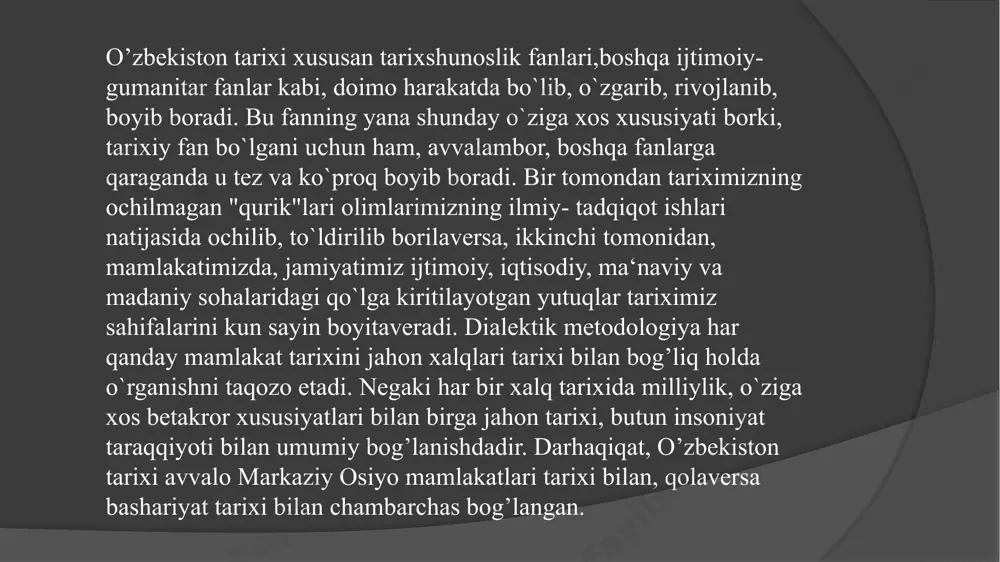 lq ta’limi vazirligi bilan hamkorlikda akademik ya.g‘.g‘ulomov nomidagi “o‘zbek xalqi va uning davlatchiligi tarixi” respublika ilmiy-amaliy seminari tashkil etilgan. institut har yili quyidagi mutaxassisliklar bo’yicha doktoranturaga qabulni amalga oshimoqda: o’zbekiston tarixi; tarixshunoslik, manbashunoslik va tarixiy tadqiqotlar usullari; etnologiya va antropologiya, fan va texnologiyalar tarixi. ﻿ mustaqillikka erishgandan so’ng o’zbеkistоnning haqqоniy va хоlisоna tariхini yaratish masalasi ko’ndalang turardi. zеrо, sоbiq ittifоq davrida yurtimiz tariхi biryoqlama yaratilgani, tariхiy haqiqatlardan yirоqligi tariхga nisbatan munоsabatni o’zgartirishni taqоzо etdi. birinchi prеzidеnt i.a. karimovning bir guruh tarixchi olimlar va ommaviy axborot xodimlari bilan uchrashuvidan so`ng uning «tarixiy xotirasiz kеlajak yo`q» nomli asari chop etildi. bu asar tarix fani rivojida yangidan-yangi ilmiy yo`nalishlar, tarixga munosabat masalasida yangi qarashlarning paydo bo`lishiga asos bo`ldi. i.a. karimov o`zbеk xalqining tarixiy o`tmishini, uning davlatchiligi tarixini o`rganishda yagona ilmiy konsеpsiyaning yo`qligi xususida gapirib, tarixchi olimlarni bu sohaga diqqat-e'tiborini yanada kuchaytirishga chaqirdi. asarda ta'kidlanishicha, «o`zlikni anglash tarixni bilishdan boshlanadi. isbot talab bo`lmagan ushbu …