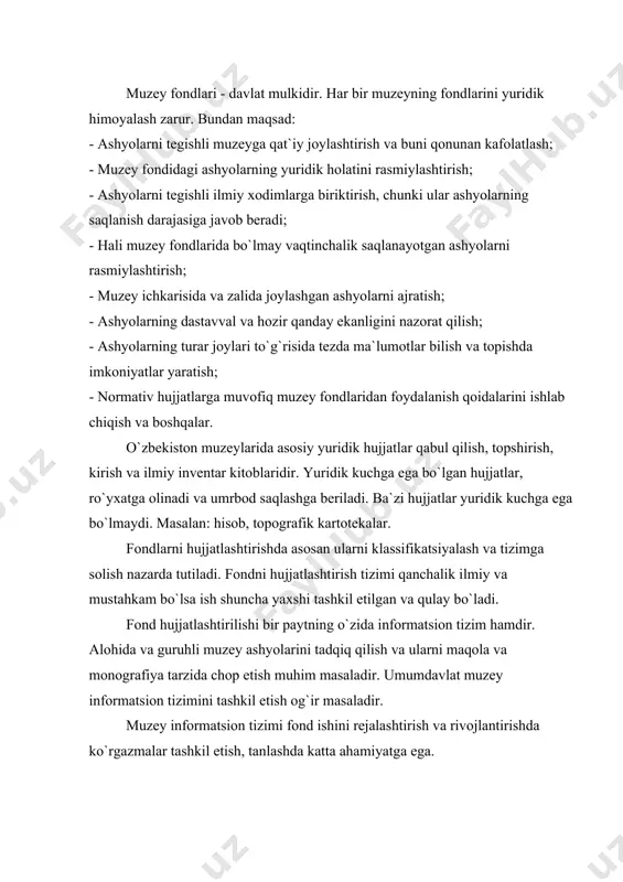 rassom, arxitektor, yozuvchi, rejissor, aktyor va boshqalar. fond informatsion tizimini tashkil etish eng og`ir masalalardan biri bo`lib, buni zamon talabiga javob berishi uchun ehm orqali avtomatlashtirish kerak. fondlarni hisobga olish. ashyolarni muzeyga qabul qilish mas`ul ishdir. muzey yig`imining sifati talabga javob berishi kerak. bu ishni maxsus komissiya hal qilib, qaror chiqaradi. ashyo hali muzey fondiga o`tkazilmay mutaxassislar uni o`rganadi va xulosalarini komissiyaga taqdim qiladi. muzeyga kelgan ashyolarni rasmiylashtirish uchun avvalo bu ashyoni topshirgan va qabul qilib olgan shaxs akt yoki kvitansiyalarni hujjatlashtirib imzo chekadi. akt yoki kvitansiyaga rivoyat yoziladi. (qayerda ishlangan, qachon foydalanilgan, memorial ahamiyati va b.) ko`plab ashyolarni qabul qilishda kolleksion opis yoziladi. o`zbekiston muzeylarida ekspeditsiyada to`plangan, sotib olishgan va sovg`a qilingan ashyolar komissiya ko`rguniga qadar alohida joyda vaqtinchalik hisobda turadi. bayonnomaga komissiyaning ashyoni muzeyga qabul qilish va uni umrbod saqlash to`g`risidagi qarori yoziladi. bular eng kamida uch nusxada bo`ladi. ashyoning umrbod qabul qilinishi katta ahamiyatga ega. bundan ashyoning …