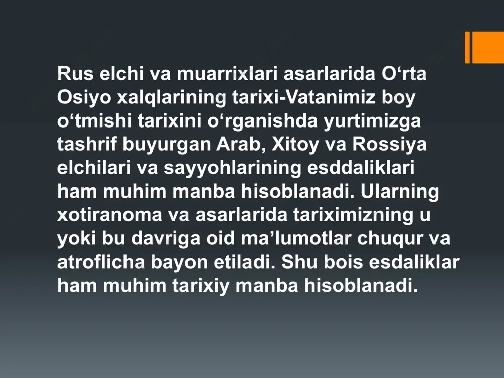 ari juda koʻp maʼlumotlarga ega. v.v. velyaminov-zernov, n.v. xanikov, v.v. grigoryev, n.i. veselovskiy, v.v. bartold va boshqalar tadqiqotchilar oʻrta osiyo tarixi va geografiyasiga oid asarlar yaratdilar. b.a.turayev qadimiy sharq tarixi boʻyicha rus maktabining asoschisidir. tabiiy boyliklari, madaniy merosi g`oyat boy bo`lgan va kam tekshirilgan ushbu o`lka rus ziyolilarining taraqqiyparvar qismini juda qiziqtirardi. mashhur rus zoologi, zoogeografi va sayyohi, darvinizmning e`tiqodli tarafdorlaridan bo`lgan n.a. severtsov (1827 — 1886) turkistonning ko`p joylarini fizik-geografik jihatdan o`rganishda, jumladan, pomir tizma tog`larining orografiyasini o`rganishda ko`p mehnat va kuch sarf qildi. n. a. severtsov sayohati vaqtidazoologiya, botaniqa, mineralogiya va paleontologiyaga oid juda qimmatli kollektsiyalar to`pladi. mashhur rus geografi p. p. semyonov-tyan’shanskiy (1827—1914) o`rta osiyo, ayniqsa tyanshan’ tizma tog`larining geografik o`rganilishiga asos soldi. uning to`plagan ma`lumotlari asosida tyanshanda al’p muzliklari mavjudligi masalasi ijobiy hal qilindi, nemis geografi gumbol’dtning tyanshandagi vulqon hodisalari h,aqidagi fikrlari rad qilindi. tyanshanni tekshirish rus geografiya fanining eng muhim xizmatlaridan biridir. rus tabiatshunosi va …