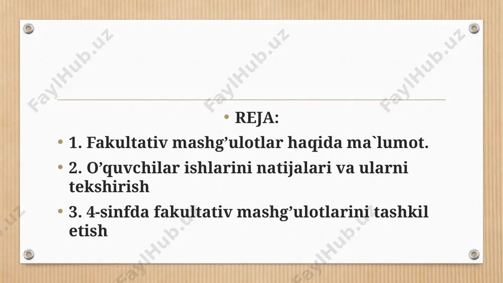 o'tiladi. 1sinfda choraklar bo'yicha olib borish mumkin. masalan, 1 chorakda matematika, 2 chorakda ona tili va hokazo. 2sinfda yarim yillik bo'yicha olib boriladi. masalan, 1 yarim yillikda matematika, 2 yarim yillikda ona tili va hokazo. 3sinf esa yoppasiga faqat matematikaga bag'ishlanadi. iv sinflarda ko'pincha murakkab masalalar ustida ishlash uchun fakultativ mashg'ulotlarda masalalar ustida ishlash uchun 10 soat ajratiladi. boshlang'ich sinflarda matematika fanidan fakultativ mash­g'ulotlar taxminiy rejasini keltiramiz. boshlang'ich sinflarda fakultativ mashg'ulotlarni tashkil etish mohiyati juda katta ahamiyat kasb etadi. fakultativ mashg'ulotlarda darslik materiallarini takrorlamaydigan materiallar o'rganilib, lekin e'tibor boshlang'ich sinf o'quvchilarining darsdan olgan bilimini mustahkamlash va chuqurlashtirishga qaratilishi lozim. ayniqsa, sharq mutafakkirlari ijodini o'rganish, matematika darslari samaradorligini oshirishda tarixiy materiallardan foydalanish har bir mashg'ulotlarda tavsiya etiladi. masalan, 1-mashg'ulotda abu rayhon beruniy; 2-mashg'ulotda ibn sino, keyingisida al-xorazmiy, ulug'bek kabi mutafakkirlar merosidan boshlang'ich sinfga xos tomonlari o'rganiladi. 1 -mashg'ulot. abu ali ibn sino haqida ma'lumot. mashg'ulot. abu ali ibn sinoning ,,al-hisob" nomli …