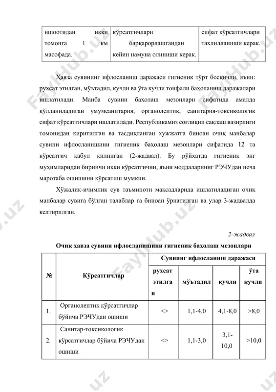 сифатида 13 та кўрсатгич қабул қилинган (4-жадвал). 3-жадвал хўжалик-ичимлик мақсадларида ишлатиладиган очиқ манбалар сувига бўлган талаблар сувнинг сифат кўрсчатгичлари сувнинг сифатига талаблар ва меьёрий кўрсатгичлар сузиб юрувчи аралашмалар ҳавза сувида сузувчи моддалар: минерал ёғ ва бошқа аралашмаларнинг доғлари бўлмаслиги керак. ҳиди ва таьми хлорлангандан кейин сувнинг ҳиди ва таьми 2 баллдан ошмаслиги керак. сувнинг ранги ва фаол реакцияси 20 см сув устунида сувнинг ранги аниқланмаслиги керак. муҳитнинг фаол реакциясирн6,5÷8,5 оралиқда бўлиши керак. сувнинг маъданли таркиби қуруқ қолдиқ - 1000, хлоридлар - 350ва сульфатлар - 500 мг/дм3дан ошмаслиги керак. кислородга биологик эҳтиёж (кбэ) сувнинг 20°с ҳароратида кбэси3мг/дм3дан ошмаслиги керак сувнинг бактериал таркиби ичак касалликларини қўзғатувчи бактериялар бўлмаслиги керак, сувнинг коли-индекси 10000дан ошмаслиги керак. токсикологик кимёвий моддалар токсикологик кимёвий моддалар ўзбекистон соғлиқни сақлаш вазирлиги белгилаган меьёрлардан ошмаслиги керак. сув манбаларидан фойдаланиш амалиётида ишлатиладиган кўрсатгичларга (дарё суви сатҳининг, сарфининг ўзгаришлари, сув таркибидаги кимёвий моддалар улуши, бактериологик кўрсатгичлар, қўшиладиган реагентлар миқдори) статистик ишловлар бериб, …