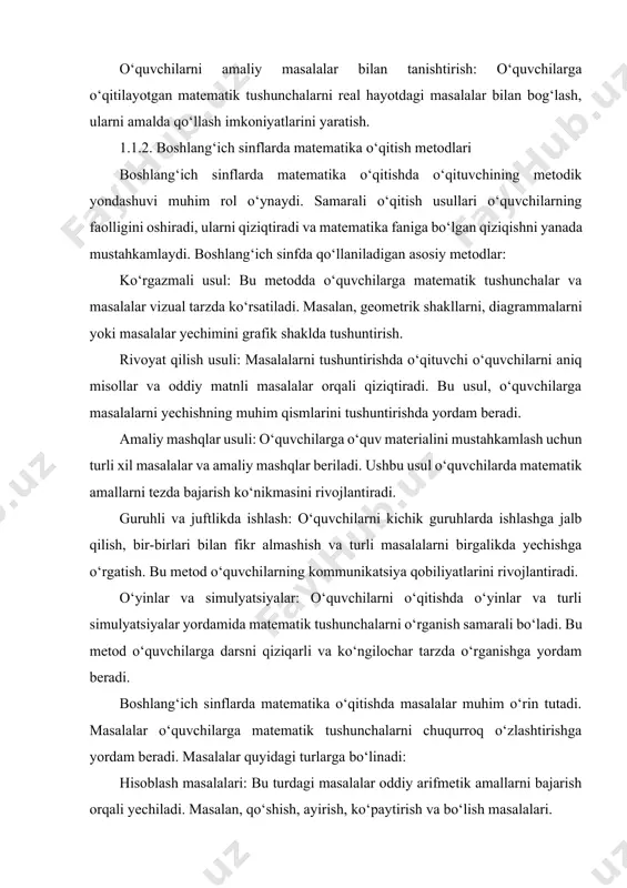 atika ta'limi, ularning mantiqiy fikrlash va analitik tafakkurini rivojlantirishga yo‘naltirilgan bo‘lishi kerak. bu jarayonning boshlanishi ko‘proq asosiy tushunchalar, masalan: sonlar va ular bilan amallar: boshlang‘ich sinf o‘quvchilari uchun sonlarning tushunchasi, sonlar o‘rtasidagi munosabatlar (katta-kichik, tenglik) va ular bilan bajariladigan amallarni (qo‘shish, ayirish, ko‘paytirish, bo‘lish) o‘rgatish zarur. o‘lchovlar: o‘lchov birligi (masofa, vaqt, og‘irlik, hajm va boshqalar) va ularni qanday taqqoslash, o‘lchashni o‘rgatish. bu bilimlar o‘quvchilarga real hayotdagi masalalarni hal qilishda yordam beradi. geometrik tushunchalar: geometrik shakllar (uchburchak, to‘rtburchak, doira va boshqalar) va ularning xususiyatlari. shakllarning yuzasini, perimetrini va boshqa geometrik o‘lchovlarini hisoblash. tasavvur qilish va kuzatish: geometrik shakllarni tasavvur qilish, ularning o‘rtasidagi munosabatlarni kuzatish va turli xil geometrik operatsiyalarni (ayrim shakllarni ajratish, tasvirlash va boshqalar) bajarish. o‘qitishda ijtimoiy va individual yondashuvlar boshlang‘ich sinfda matematika o‘qitishda ijtimoiy va individual yondashuvlarni qo‘llash juda muhimdir. har bir o‘quvchi o‘z individual qobiliyatiga ega, shuning uchun o‘qitish usullari va masalalarni tanlashda quyidagi yondashuvlarni hisobga olish kerak: …