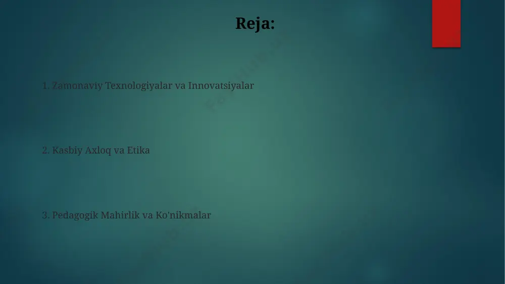 a'zolar o'rtasida aniq vazifalar taqsimoti (masalan, 5 ta asosiy yo'nalish bo'yicha) va 70% muvofiqlashtirilgan harakatlar zarur. yangi texnologiyalarni qo'llash yangi texnologiyalarni qo'llash, o'quv jarayonini 20% ga tezlashtirib, talabalarning 15% ko'proq ma'lumotni o'zlashtirishiga yordam beradi, bu esa interfaol o'quv usullarini qo'llash orqali amalga oshiriladi. onlayn ta'lim platformalaridan foydalanish, masalan, moodle yoki google classroom, o'quvchilarning 30% gacha mustaqil o'rganish vaqtini oshiradi va individual yondashuv imkonini beradi. resurslardan samarali foydalanish zamonaviy texnologiyalar, jumladan, interfaol doskalar va onlayn platformalardan foydalanish o'quv jarayonini 15% ga tezlashtiradi va o'quvchilarning bilim darajasini oshiradi. o'quv materiallarini tanlashda kamida 3 ta turli manbadan foydalanish, turli o'quv uslublariga moslashish va bilimlarni mustahkamlashga 25% hissa qo'shadi. mas'uliyat va axloqiy me'yorlar pedagogik faoliyatda 10 dan ortiq turdagi innovatsion usullarni qo'llagan va ularning samaradorligini baholashda nazariy bilimlar bilan amaliy tajribani muvozanatli qo'llash muhim ahamiyatga ega. o'qituvchining axloqiy me'yorlariga rioya qilishi, ya'ni halollik, adolatlilik va o'quvchilarga nisbatan hurmat 3 ta asosiy fazilatni o'z ichiga …