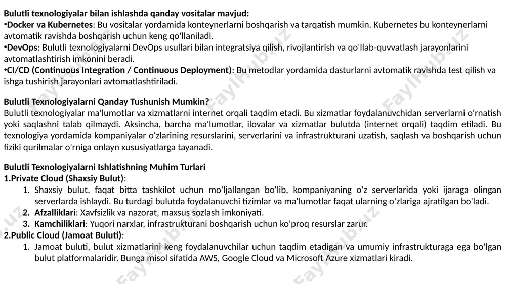erverlarni o'rnatish yoki saqlashni talab qilmaydi. aksincha, barcha ma'lumotlar, ilovalar va xizmatlar bulutda (internet orqali) taqdim etiladi. bu texnologiya yordamida kompaniyalar o'zlarining resurslarini, serverlarini va infrastrukturani uzatish, saqlash va boshqarish uchun fiziki qurilmalar o'rniga onlayn xususiyatlarga tayanadi. bulutli texnologiyalarni ishlatishning muhim turlari private cloud (shaxsiy bulut): shaxsiy bulut, faqat bitta tashkilot uchun mo'ljallangan bo'lib, kompaniyaning o'z serverlarida yoki ijaraga olingan serverlarda ishlaydi. bu turdagi bulutda foydalanuvchi tizimlar va ma'lumotlar faqat ularning o'zlariga ajratilgan bo'ladi. afzalliklari: xavfsizlik va nazorat, maxsus sozlash imkoniyati. kamchiliklari: yuqori narxlar, infrastrukturani boshqarish uchun ko'proq resurslar zarur. public cloud (jamoat buluti): jamoat buluti, bulut xizmatlarini keng foydalanuvchilar uchun taqdim etadigan va umumiy infrastrukturaga ega bo'lgan bulut platformalaridir. bunga misol sifatida aws, google cloud va microsoft azure xizmatlari kiradi. bulutli texnologiyalarning afzalliklari kam xarajatlar va resurslar: fizik serverlar sotib olish yoki saqlashga nisbatan, bulutli texnologiyalar kam xarajatli va samarali bo'ladi. siz faqat foydalanilgan resurslar uchun to'laymiz, ya'ni ko'p …