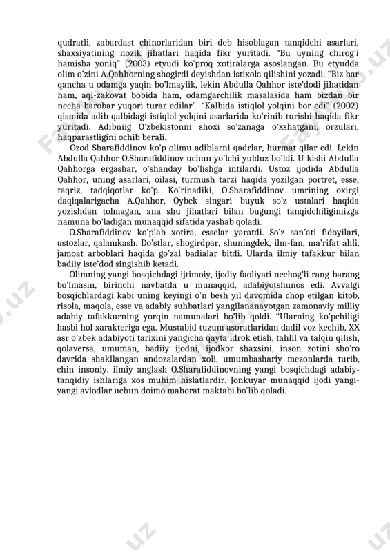 r muammo asosida yondasha olish namunasini ko’rsatdi. shu ma’noda portretda adabiyotning xalq uchun yashashi, jamiyatga xizmat qilishi masalasi markazga qo’yiladi. asarlardagi tabiiylik, xususan, hajvchi sifatidagi mahorati qirralari ochiladi. shuningdek, yozuvchi mehnati, uning asar ustida chidam bilan ishlashi masalasiga ayricha diqqatini qaragadi. munaqqidning "abdulla qahhor"( 1988) kitobi chop etildi. bu asar yozuvchi hayoti va ijodi haqidagi badiiy lavhalardan iborat bo’lib, ko’proq esse janriga mansub, deyish mumkin. kitobda yozuvchi tarjimai holi, ota- onasi, oilasi, farzandlariga oid ma’lumotlar berildi. yozuvchining hayot yo’li, qiziqishlari, tabiati haqidagi kuzatuvlar qiziqarli, sodda tilda tasvirlapgan. "sarob", "qo’shchinor" romanlarining muhokamalari haqida o’z davrining yangi ma’lumotlari yozilgan. o.sharafiddinov mustaqillik yillarida ham a.qahhor haqida yozishdan to’xtamadi. adib ijodi va shaxsining yangi-yangi qirralari haqida yozdi. “ijodni anglash baxti” (2004) kitobiga abdulla qahhor haqidagi etyudlar kiritilgan. birinchisi “chinorlardan biri...” (1995)da adibni adabiyotimizning qudratli, zabardast chinorlaridan biri deb hisoblagan tanqidchi asarlari, shaxsiyatining nozik jihatlari haqida fikr yuritadi. “bu uyning chirog’i hamisha yoniq” (2003) etyudi …