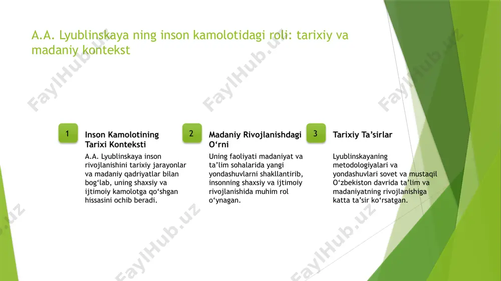 ojlanishga katta ta'sir ko'rsatdi. bu, yoshlar orasida milliy ong va madaniyatni mustahkamlashga yordam berdi. 2 ta'lim tizimiga innovatsiyalar uning yangi pedagogik yondashuvlari va metodologiyalari o'zbekiston ta'lim tizimida o'zgarishlarni qo'llab-quvvatladi. bu, ijodiy fikrlash va muammolarni hal qilish qobiliyatlarini rivojlantirishga xizmat qiladi. 3 madaniyat va ta'lim integratsiyasi lyublinskaya madaniyat va ta'limni uzviy bog'lab, yoshlarning shaxsiy rivojlanishini ta'minladi. bu, milliy qadriyatlarni saqlash va rivojlantirish uchun muhim amaliyotdir. madaniy rivojlanish yondashuvlari va lyublinskayaning amaliyotlari orqali yangi imkoniyatlar 1 innovatsion yondashuvlar lyublinskaya madaniy rivojlanishni yangi metodologiyalar bilan qo‘llab-quvvatlab, innovatsion yondashuvlar orqali jamiyatda ijobiy o‘zgarishlarni amalga oshiradi, yoshlar uchun yangi imkoniyatlar yaratadi. 2 kulturologik amaliyotlar uning amaliyotlari madaniyat va ta'lim integratsiyasini ta'minlaydi, insonlarning madaniyatga bo‘lgan qiziqishini oshiradi va milliy o‘zlikni rivojlantirishga xizmat qiladi. 3 yangi imkoniyatlar lyublinskaya yondashuvlari inson kamolotida madaniyat va ta’lim o‘rtasidagi aloqalarni kuchaytirib, yoshlar uchun ijodiy va intellektual rivojlanish imkoniyatlarini kengaytiradi. inson kamolotida madaniyat va ta'limning o'zaro bog'liqligi: lyublinskayaning roli 1 madaniyat va …