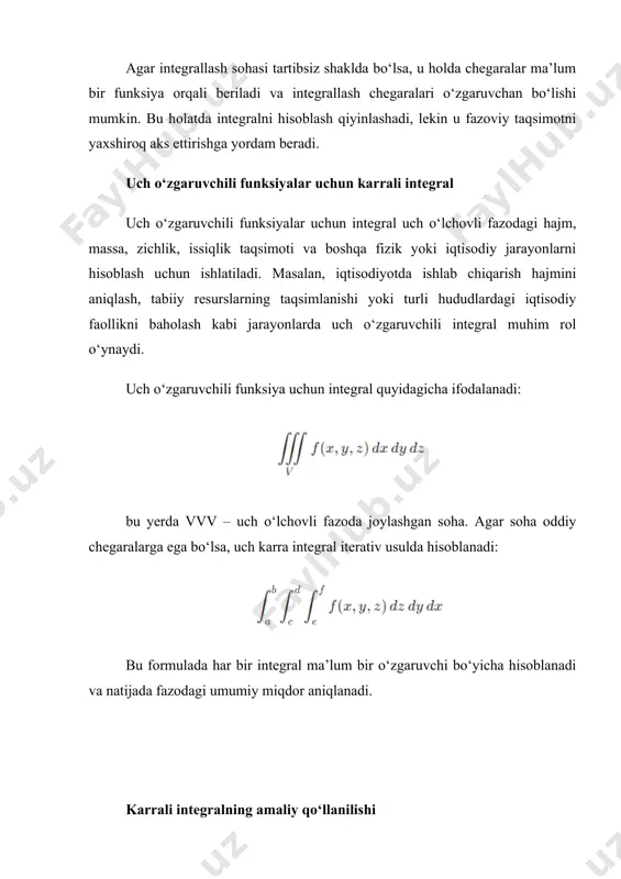 halaridan biri bo‘lib, u ikki yoki uch o‘zgaruvchili funksiyalarni integrallash orqali turli fanlar va amaliy sohalarda muhim ahamiyat kasb etadi. iqtisodiyotda bu vosita talab va taklifni tahlil qilish, ishlab chiqarish jarayonlarini optimallashtirish va iqtisodiy prognozlash uchun ishlatiladi. karrali integralning nazariy asoslarini tushunish orqali iqtisodiy jarayonlarni chuqur tahlil qilish va samarali boshqarish imkoniyati yuzaga keladi. iqtisodiyotdagi asosiy qo‘llanilish sohalari talab va taklif iqtisodiyotning asosiy tushunchalaridan bo‘lib, ular bozor muvozanati, narx shakllanishi va iqtisodiy resurslarni taqsimlash jarayonlarini belgilaydi. ushbu modellarni chuqur tahlil qilish va bashorat qilish uchun matematik modellashtirish, xususan, karrali integraldan keng foydalaniladi. karrali integral talab va taklifni o‘zgaruvchan sharoitlarda baholash, turli segmentlar bo‘yicha umumiy talab va taklif hajmini aniqlash, shuningdek, iste’molchilar va ishlab chiqaruvchilar manfaatlarini o‘rganishda muhim rol o‘ynaydi. talab va taklifning matematik ifodasi talab va taklifni matematik modellashtirishda ikki yoki undan ortiq o‘zgaruvchili funksiyalar ishlatiladi. umumiy holda, d(x,y)d(x, y)d(x,y) talab funksiyasi va s(x,y)s(x, y)s(x,y) taklif funksiyasi deb olinadi. bu …