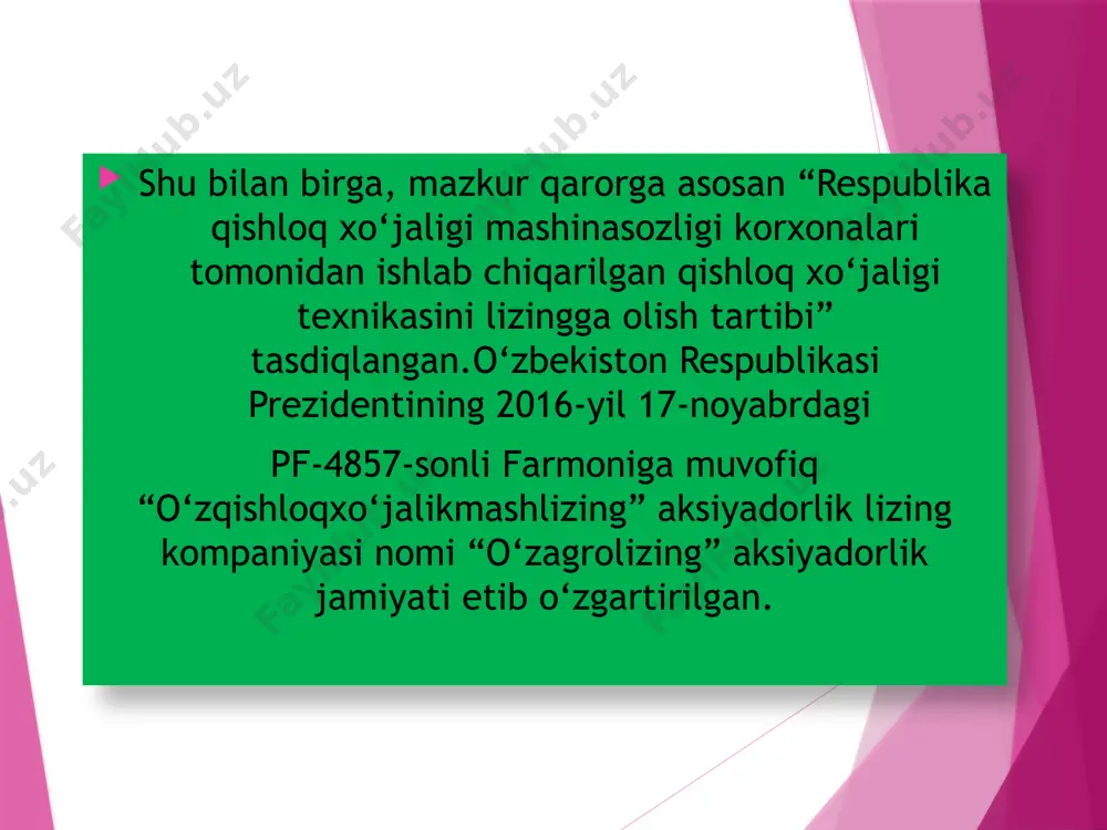 aniyalarini jalb qilgan holda: fermer va tomorqa xoʻjaliklariga mexanizatsiya va xizmat koʻrsatish servislari; muqobil energiya manbalaridan (quyosh, shamol, va yer qaʼri energiyasi) foydalaniladigan zamonaviy issiqxona komplekslari va shaharchalari; mayda shoxli mollarni boʻrdoqi qilishga moʻljallangan zamonaviy texnologiyalar bilan jihozlangan chorva komplekslari; respublikada yetishtiriladigan meva-sabzavotlarni yuqori texnologiyalar asosida qayta ishlovchi korxonalar va logistika markazlarini tayyor holda lizingga berish amaliyotini yoʻlga qoʻyish toʻgʻrisidagi takliflari maʼqullandi. aksiyadorlari 2024-yilning 1-yanvar holatiga jamiyat ustav fondi 391,6 mlrd. so‘mni tashkil etadi, shundan 97,4 foizi davlat ulushi, qolgan 2,6 foizi esa 735 ta yuridik va jismoniy shaxslarga tegishlidir. shuningdek, yetakchi xorijiy konsalting kompaniyalarini jalb qilgan holda “oʻzagrolizing” aksiyadorlik jamiyatini rivojlantirishning 5 yillik strategiyasini ishlab chiqildi, jamiyat ustav kapitali 285,9 mlrd so‘mga oshirildi. 2024-yilning 1-yanvar holatiga jamiyat ustav fondi 391,6 mlrd. so‘mni tashkil etadi, shundan 97,4 foizi davlat ulushi, qolgan 2,6 foizi esa 735 ta yuridik va jismoniy shaxslarga tegishlidir. jamiyatning qoraqalpog‘iston respublikasi va barcha viloyatlarda hududiy filiallari mavjud …