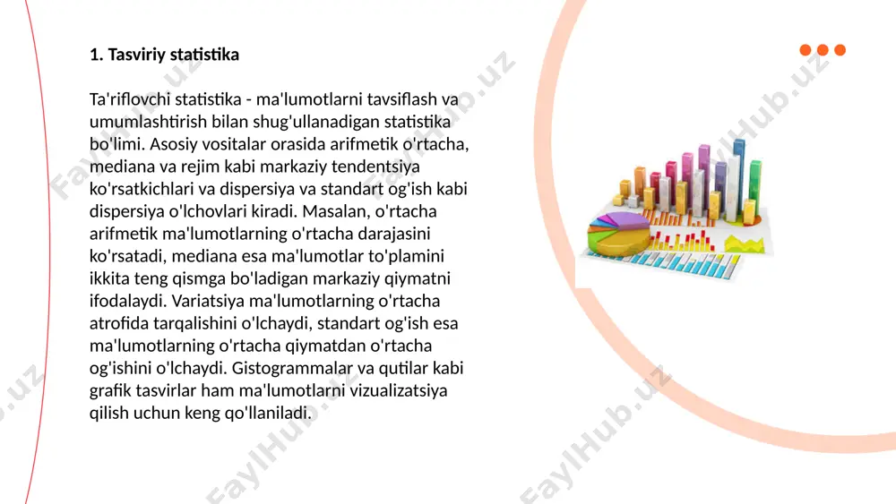 sini aks ettiruvchi statistik ko'rsatkich. diskret tasodifiy o'zgaruvchi x uchun \( p_i \) va qiymatlari \( x_i \) uchun dispersiya formulasi \( d(x) \): \( d(x) = \sum (x_i - \mu)^2 \cdot p_i \), bu erda \( \mu \) - matematik kutish. uzluksiz tasodifiy miqdor uchun integral ishlatiladi. agar dispersiya kichik bo'lsa, qiymatlar o'rtachaga yaqin bo'lsa, katta dispersiya keng tarqalishni ko'rsatadi; dispersiya dastlabki ma'lumotlar birliklarining kvadratida o'lchanadi va uning kvadrat ildizi standart og'ish \(\sigma\) bo'lib, ikkinchisini yanada talqin qilish imkonini beradi. variant statistik tahlil va prognozlashda yordam beradi. ... t.me/slaydai_bot 7. kovariatsiya kovariatsiya - bu ikki o'zgaruvchi o'rtasidagi munosabatni baholash uchun ishlatiladigan statistik ko'rsatkich. bu chiziqli bog'liqlikning yo'nalishi va darajasini ko'rsatadi. agar kovariatsiya ijobiy bo'lsa, u holda o'zgaruvchilar birgalikda o'sishga intiladi; agar manfiy bo'lsa, o'zgaruvchilardan biri oshganida ikkinchisi kamayadi. kovariatsiya har bir o'zgaruvchining o'rtacha qiymatidan chetlanishlarining o'rtacha mahsuloti sifatida hisoblanadi. ikkita x va y o'zgaruvchilar uchun formula: cov(x,y) = s[(xᵢ …