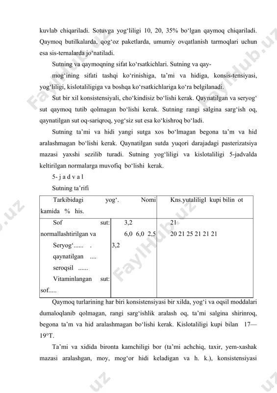 sadida sutni konserva qilinadi. sut konservalarining asosiy turlari quyidagilar: to‘ldirgich-lar solingan yoki to‘ldirgichsiz, qandli quyultirilgan sut va qay​moq; quyultirilgan va sterilizatsiyalangan sut; quruq sut va qu​ruq qaymoq. quyultirilgan sut konservalar. bunday konservalar tarkibi​da 45—55% uglevodlar, 7—10% oqsillar va 7—19% sut yog‘i bo‘-lad.a qand solingan quyultirilgan 100 g sut kaloriyaliligi 345 kkal yoki 1445 kj, qand solingan quyultirilgan 100 g qaymoqning kaloriyaliligi esa 407 kkal yoki 1706 kj bo‘ladi. quyultirilgan sut konservalar kislotaliligi 20°t dan ortiq bo‘lmagan yangi sog‘ilgan sigir sutidan yoki kislotaliligi 26°t dan ko‘p bo‘lmagan qaymoqdan (qaymoqli konservalar) olinadi. hosil qilingan aralashma normallashtiriladi, pasterizatsiya qi​linadi, vakuum-apparatlarda kakao tolqoni yoki kofe ekstrakti qo‘shiladi, sovitiladi va qadoqlanadi. quyultirilgan sterili​zatsiyalangan sut konserva yangi pasterizatsiya qilingan sutdan uning tarkibidagi sutni bug‘lantirib yuborish va sterilizatsiya-lab konserva qilish yo‘li bilan ishlab chiqariladi. quyultirilgan sut konservalar ikki turda chiqariladi: qand​li quyultirilgan sut va sterilizatsiyalangan quyultirilgan sut. qandli quyultirilgan sut konservalar: qandli quyultiril​gan sof sut; qandli yog‘siz …