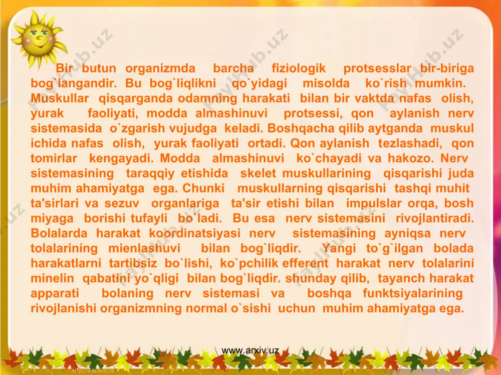 lla choklari. tog`ayli to`qima yordamida birikish - umurtqalararo tog`aylar orqali. suyakli to`qima yordamida birikish - dumg`aza umurtqalari va dumg`aza suyagining hosil qilish kiradi. oraliqli birikishga bo`g`inlar kiradi. www.arxiv.uz www.arxiv.uz bosh skеlеt. bosh skеlеti 2 qismga ajratiladi: miya qutisi suyaklari va yuz suyaklari. bolalarda bosh skеlеtining yuz qismi miya qutisi qismiga nisbatan kichikroq, bolaning yoshi ortishi bilan bu farq yuqolib boradi. bosh skеlеti bolaning 2 yoshgacha bir tеkis o`sadi. bolaning 1,5 yoshida kalla suyaklaridagi likildoqlar to`liq suyaklashadi. 4 yoshida miya qutisining choklari hosil bo`ladi. kalla suyaklari 3 – 4 yoshda, 6 – 8 yoshda, 11 – 15 yoshgacha tеz o`sadi. bu o`sish 20 – 30 yoshgacha davom etadi. 1-rasm. bosh suyagi. 1- peshona suyagi; 2- tepa suyagi ; 3-ensa suyagi; 4- chakka suyagi; 5- pastki jag' suyagi; 6- yuqori jag' suyag'i: 7-yonoq suyagi; 8- ko'z yosh suyagi: 9¬ burnn suyagi www.arxiv.uz www.arxiv.uz umurtqa pog`anasi. umurtqa pog`anasi – alohida umurtqa suyaklaridan va …