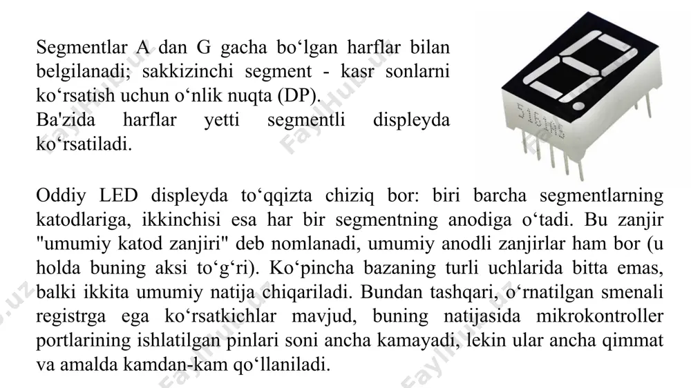 r xonali yetti segmentli ko‘rsatkich qurilmasi; 510 om qarshilik - 7 dona; papa-papa simlari. modelning arduinoga ulanish sxemasi: yetti segmentli 4 bitli matritsa bilan tanishish va uni loyihalarda qo‘llash. arduino to‘rt raqamli yetti segmentli led indikatori arduinoda hisoblagichlar yoki taymerlarni yaratish uchun ishlatiladi, tayyor loyihalarda sensorlardan raqamli qiymatlarni chiqaradi. to‘rt belgili led indikatorining pinoutini, modulni arduino kartasiga qanday ulashni ko‘rib chiqamiz va dasturlarning batafsil tavsifi bilan indikatordan foydalanishning bir nechta misollari bilan tanishib chiqamiz. to‘rt belgidan iborat indikator segmentlarining pinouti arduinoning bir belgili yetti segmentli ko‘rsatkichidan farq qilmaydi. modul o‘rtasidagi farq raqamlar (belgilar) sonida - har bir raqam mos keladigan katoddan quvvat manbasini uzish orqali yoqiladi. shunday qilib, raqamlardagi bitta segmentning barcha ledlari (masalan, a-a-a-a) umumiy katodga parallel ravishda ulanadi. modelni yig‘ish uchun bizga kerak: arduino uno / arduino nano / arduino mega platasi; to‘rt xonali yetti segmentli ko‘rsatkich; panel; tugma (button); analog suv sensori; rezistorlar 220 om; papa-papa simlari. …