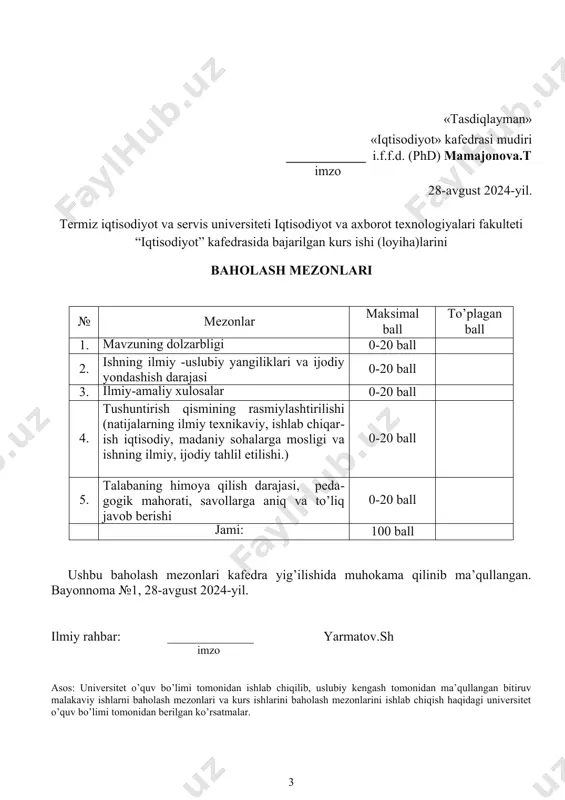 _________________________________________________________________________________________________ kurs ishi paragraflarini bajarilish sanasi va unga qo’yilgan baholar: t/r 1 2 3 4 5 himoya sana baho ilmiy rahbar: _____________ yarmatov.sh imzo termiz iqtisodiyot va servis universiteti iqtisodiyot va axborot texnologiyalari fakulteti 60310100 – “iqtisodiyot (tarmoqlar va sohalar bo`yicha)” ta’lim yo’nalishi sirtqi ta’lim shakli 2-kurs s.iqt-28-23-guruh talabasi ziyodullayev sardorbek umidillo o’g’li ning “rivojlangan mamlakatlarda davlat budjeti taqchilligi (aqsh)” mavzusida yozgan kurs ishiga t a q r i z “rivojlangan mamlakatlarda davlat budjeti taqchilligi (aqsh)” mavzusida yozgan kurs ishi: kirish, asosiy qism uning tarkibidagi rejalar, xulosa va takliflar, foydalanilgan adabiyotlar ro’yxatidan iborat. kurs ishining kirish qismida mavzuning dolzarbligi, ishning o’rganganlik darajasi, kurs ishining maqsad va vazifalari, ishning nazariy va uslubiy asoslari ko’rsatib berilgan. kurs ishining asosiy qismi to’rtta rejadan iborat bo’lib : 1. davlat budjeti taqchilligi: iqtisodiy mohiyati, turlari va sabablariga nazariy yondashuvlar 2. rivojlangan mamlakatlarda davlat budjeti taqchilligi holati: tarixiy va zamonaviy ko‘rinishlar 3. rivojlangan mamlakatlar tomonidan budjet …