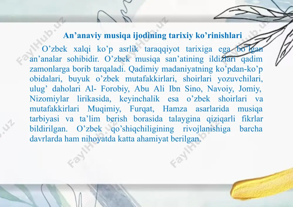 r vaboshqalarnikiritishmumkin. marosiminsonhayotidamuhimhodisalarsodirbo‘lganida vujudgakeladivakishilarhayotidagiengmuhimvoqyealarni (masalan,tug‘ilish,uylanish,o‘lim)qaydetadi,rasmiylashtiradi. o‘zbekoilalaridayoshoilalarnitarbiyalashuchuno‘zigaxos ma'naviy“zina”sifatidaxizmatetadigan,chaqaloqtug‘ilgandan, toulg‘ayib,yangioilaqurgungachabo‘lganhayotiymuhim voqyealarniqaydqiladiganmarosimlartizimi(“chaqaloqdunyoga kelishi”,“ismberish”,“chaqaloqchilla”,“beshikto‘y”,“soch to‘y”,“tishto‘y”,birinchiqadam”,“sunnatto‘y”,“muchal yosh”,“nikohto‘y”kabilar)vujudgakelgan. o’zakian’anadagiprofessionalmusiqayo’llari. xixasroxirlarigakelibo‘zbekmusiqiymadaniyatida o‘zgarishlardavriboshlandi.bualbatta,turkistono‘lkasini russiyatomonidanistiloqilinishibilanbog‘liqdir.buboradaikki tomonlamaqarashbilano‘rganmoqzarurbo‘ladi.chunkibazibir hollardamilliymusiqamadaniyatimizgasalbiyta’sirinikuzatsak, ikkinchitomondan,o‘zigaxosrivojlanishdavribo‘lganliginiham ehtirofetishzarurbo‘ladi.chunkinotayozuviningkiribkelishi, o‘lkamizdamilliymusiqasan'atimizniilmiyravishdao‘rganish, folklorvaetnografiyasohasidagirivojlanishgasezilarlita’siretdi. buboradav.a.uspenskiy,ye.ye.romanovskaya,n.n.miro- novsingarimusiqashunosvaetnografolimlarningmehnatlarini aytibo‘tishzururbo‘ladi.ilyosakbarov,mutalburxonov,yunus rajabiy,tolibjonsodiqov,muxtorashrafiysingarimusiqamiz darg‘alariulardansaboqoldilar.bundantashqari,jahonmusiqiy madaniyatiningdurdonalarisanalmishfortopianosozi,operava balet,simfonikijro,jahonklassikmusiqiysozlariningkiribkelishi musiqiymadaniyatimizninghartomonlamaserqirrarivojiga salmoqlihissaqo‘shdi.natijada,o‘zbekxalqmusiqalari, qo‘shiqlari,maqomlarijoyolgan20jilddanortiqkitoblardunyo yuziniko‘rdi. xulosa musiqa madaniyatimizni rivojlanishida bizning ulug’ bobokalonlarimiz qoldirgan bebaho boylik, oltin meros hisoblanmish milliy musiqa san’atimiz uzoqo’tmishga borib taqaladi. xalqimizning tarixi, orzu-armonlari, hayot haqidagi tasavvurlari jilosida yaratilgan milliy kuy va qo’shiqlarimiz h