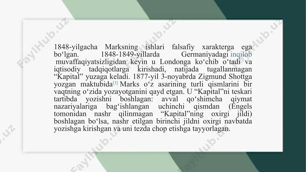 istik va kommunistik harakatlarning nazariy poydevori bo‘lib xizmat qilgan. ushbu kitob leninning inqilobiy g‘oyalarini shakllantirishda, shuningdek xx asrning ko‘plab sotsialistik davlatlari iqtisodiy siyosatida muhim rol o‘ynagan. karl marksning "kapital. siyosiy iqtisodning tanqidi" asari iqtisodiyot va sotsializm nazariyasida muhim o‘rin tutadi. bu asar kapitalistik jamiyatning iqtisodiy asoslarini tahlil qiladi va uning ichki ziddiyatlarini ochib beradi. kitobning asosiy maqsadi kapitalistik ishlab chiqarish tizimining qanday ishlashini, uning qonuniyatlarini va oxir-oqibat qanday inqirozga yuz tutishini ilmiy asosda tushuntirishdir. "kapital" tovar va pul munosabatlari, qo‘shilgan qiymat nazariyasi, kapitalning aylanishi va jamg‘arilishi, foyda normasi, yer rentasi, monopoliyalar va iqtisodiy inqirozlar kabi mavzularni qamrab oladi. marks kapitalizmni tahlil qilishda ishchilar tomonidan yaratilgan qiymatning kapital egalari tomonidan qanday tortib olinishi va bu jarayon natijasida sinflar o‘rtasidagi ziddiyat qanday shakllanishini ko‘rsatib beradi. etiboringiz uchun rahmat! image1.png image2.png image3.png image4.png /docprops/thumbnail.jpeg