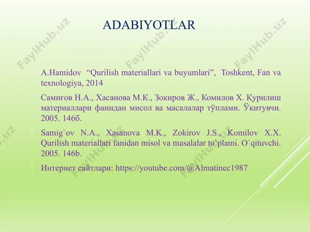 xulosa shiddat bilan rivojlanib borayotgan bu davrda insoniyat yangiliklar qilishga, yangi loyihalar yaratishga va o’z ehtiyojini qondirish uchun yangi binolar qurishga intiladi. shunday ekan, davr talablariga mos keluvchi, qurilish sohasiga moddiy va ma’naviy foyda keltiradigan qurilish materiallari ishlab chiqarish talab etiladi. qurilish materiallarining xossalari har bir mutaxassis uchun muhim ahamiyat kasb etadi. ma’ruza matnida aytib o‘tganlarimizdan ko‘rib turibmizki, qurilish materiallarining fizik, mexanik va maxsus xosslarini o‘rganib to‘liq mulohaza qilsak keyingi ma’ruza mashg’ulotlarimizni va tajriba ishlarizni o‘zlashtirish hamda natijalar olishda qiyinchiliklar tug’dirmaydi. fan va talaba 1. fan haqida tushunchangiz va fikringiz? 2. ushbu fanning siz uchun ahamiyati? 3. bugungi darsdan nimalar o’rgandingiz? nazorat savollari 1. qurilish materiallari fanining tarixi va rivojlanishi? 2. qurilish materiallari deganda nimani tushunsiz? 3. suv xo‘jaligi qurilishida qurilish materiallaring o‘rni? 4. qurilish materiallarining holatlari xususiyatlarini belgilovchi xossalari? 5. qurilish materiallarining xaqiqiy va o‘rtacha zichligi qanday aniqlanadi? 6. qurilish materiallarining issiqlikka nisbatan xossalari? 7. materialning mustaxkamligi nima va …